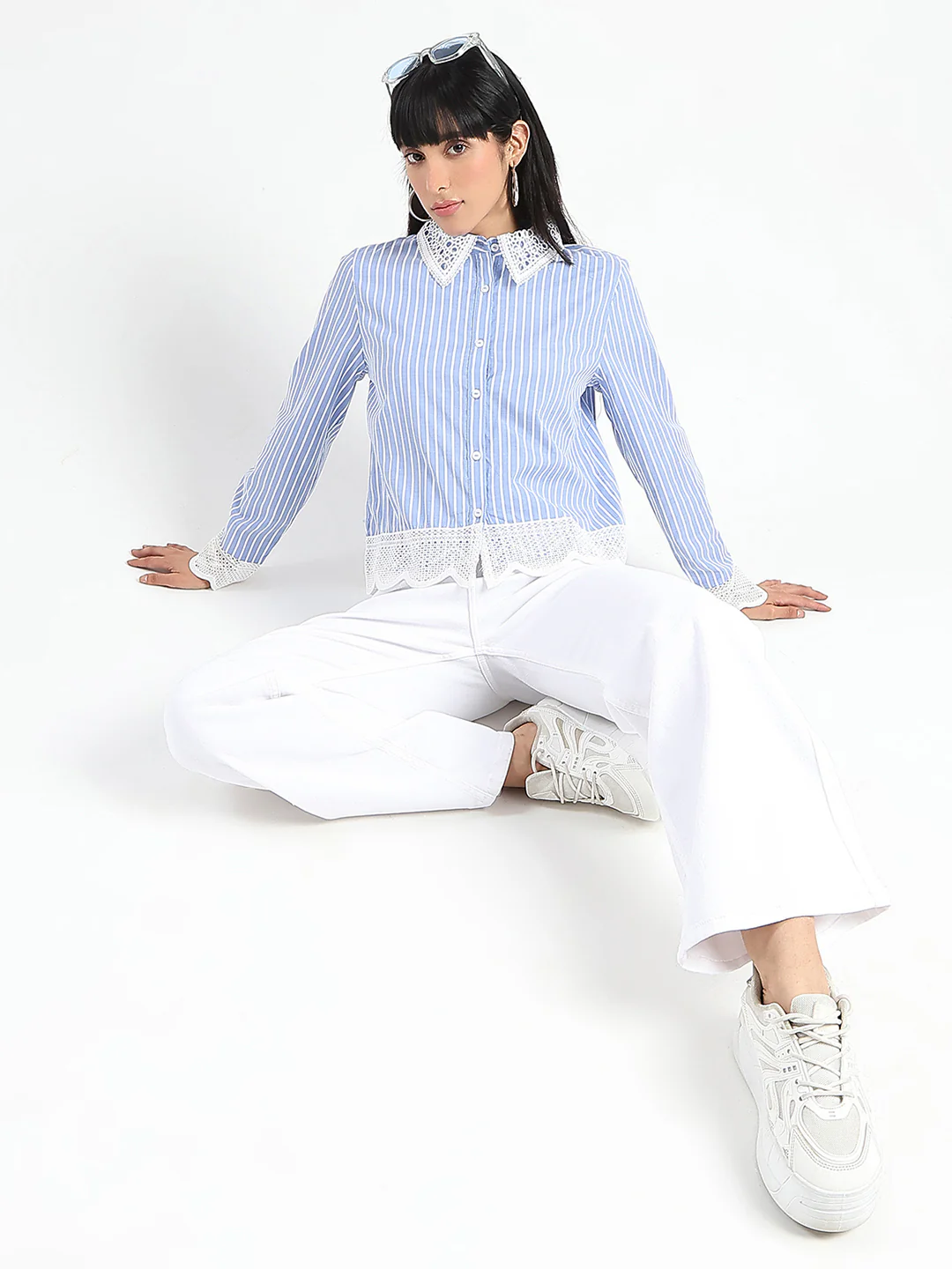 Madame Lace Detailed Cotton Blend Striped Blue Shirt - Image 2