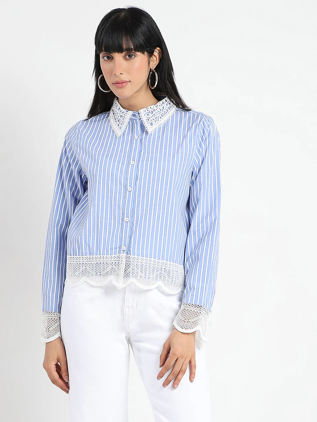Madame Lace Detailed Cotton Blend Striped Blue Shirt - Image 3