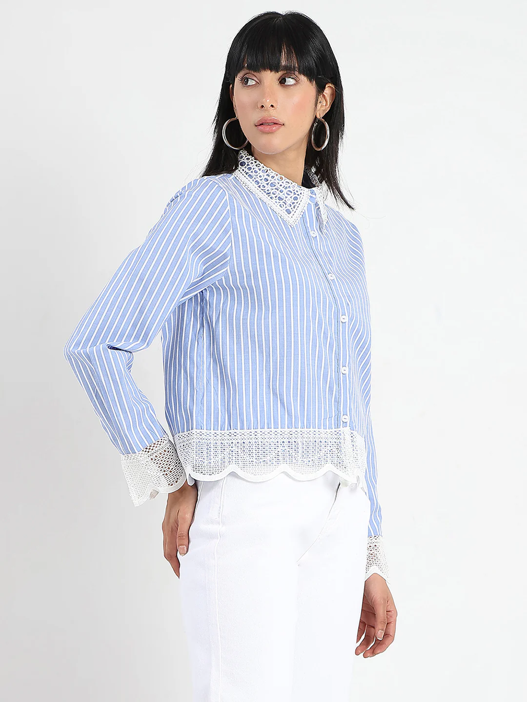 Madame Lace Detailed Cotton Blend Striped Blue Shirt - Image 4