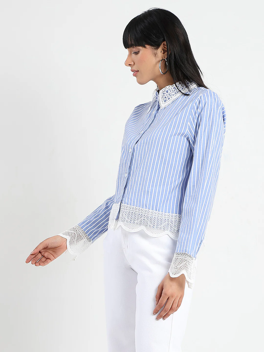 Madame Lace Detailed Cotton Blend Striped Blue Shirt - Image 5
