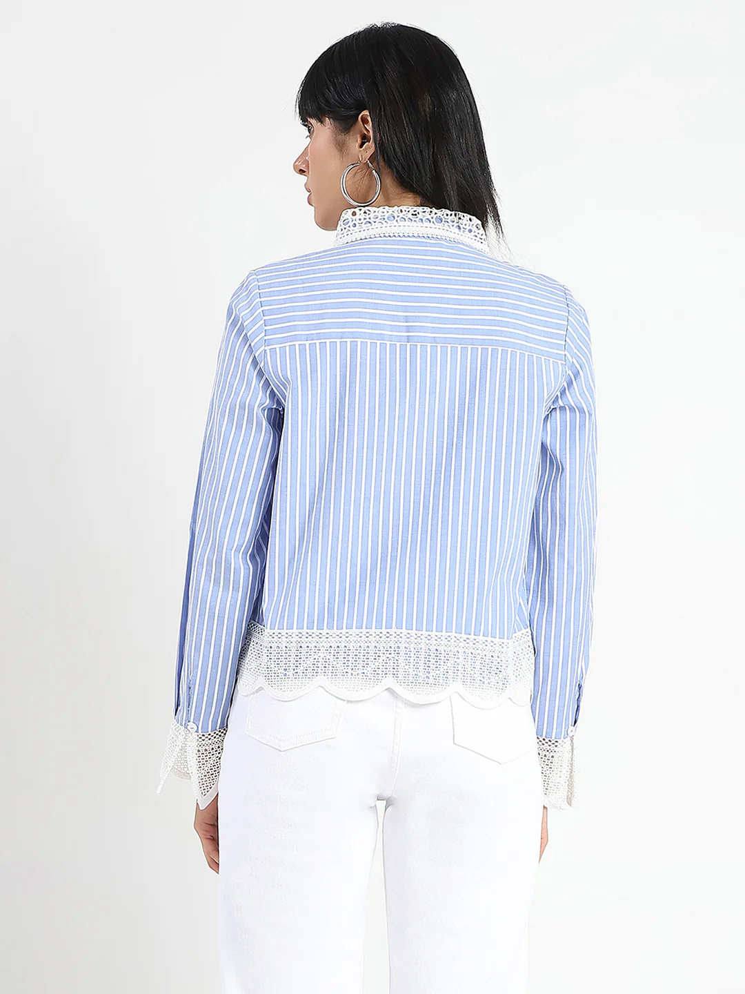 Madame Lace Detailed Cotton Blend Striped Blue Shirt - Image 6