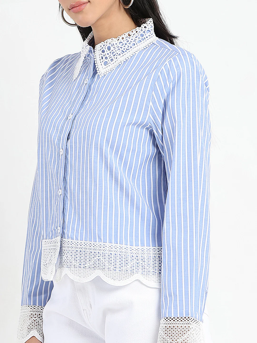Madame Lace Detailed Cotton Blend Striped Blue Shirt - Image 7