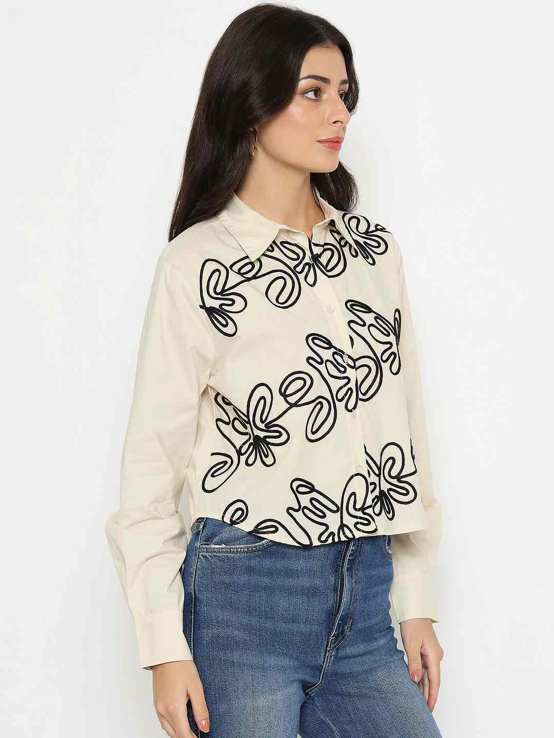 Madame Dori Embroidered Beige Cotton Shirt - Image 4