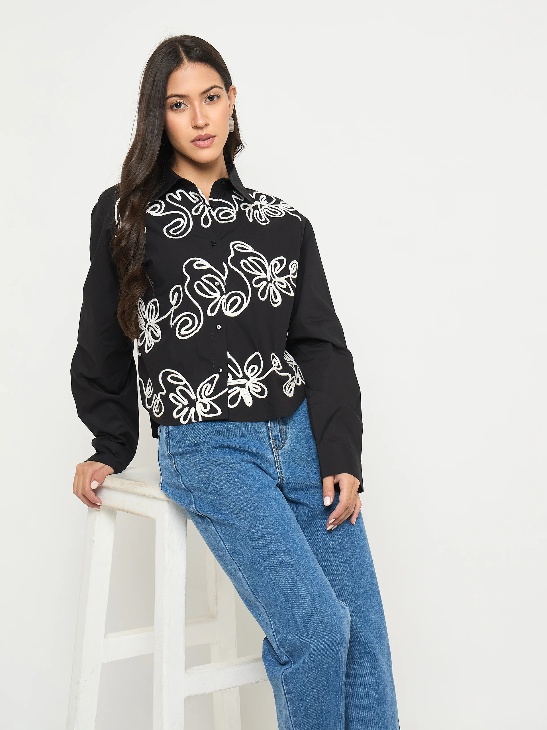 Madame Dori Embroidered Black Cotton Shirt