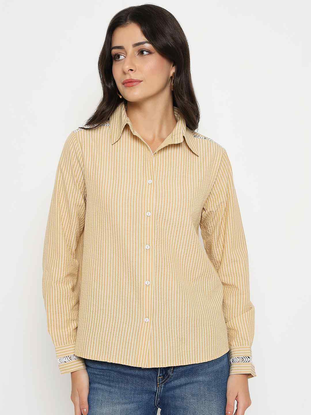 Madame Textured Embroidered Accents Beige Shirt - Image 3
