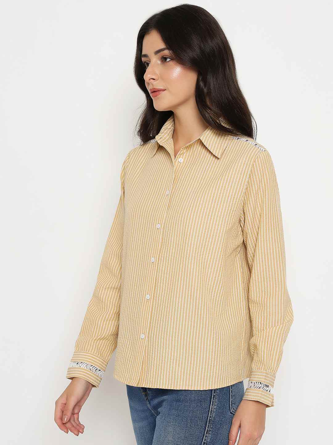 Madame Textured Embroidered Accents Beige Shirt - Image 5
