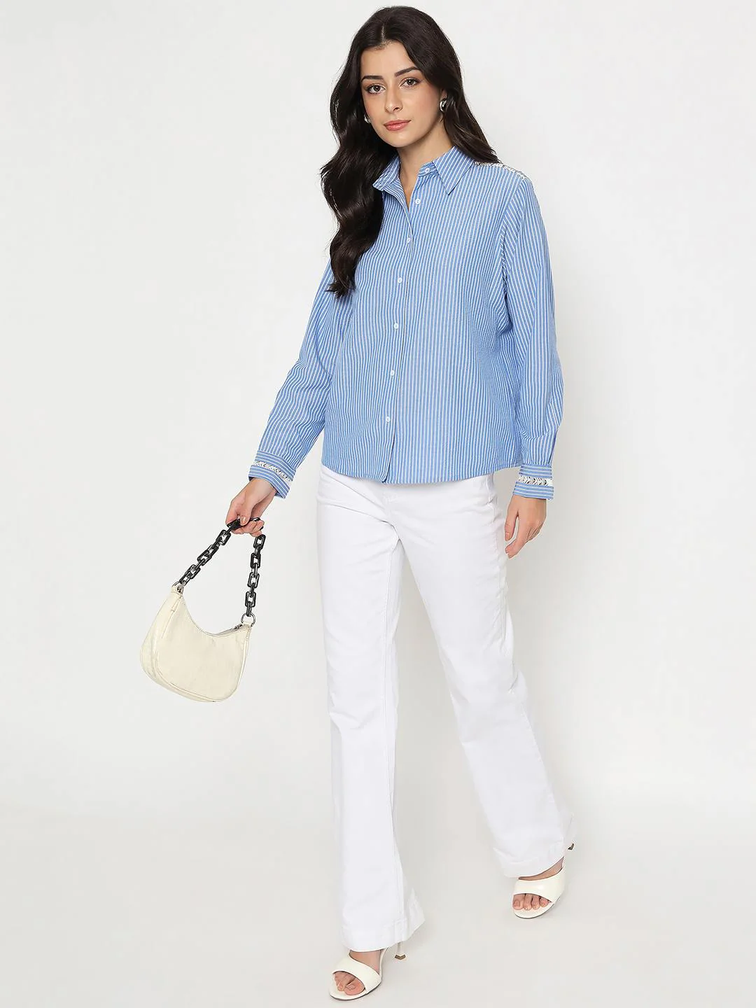 Madame Textured Embroidered Accents Blue Shirt - Image 2