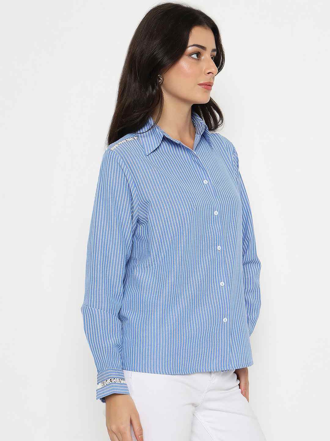 Madame Textured Embroidered Accents Blue Shirt - Image 4