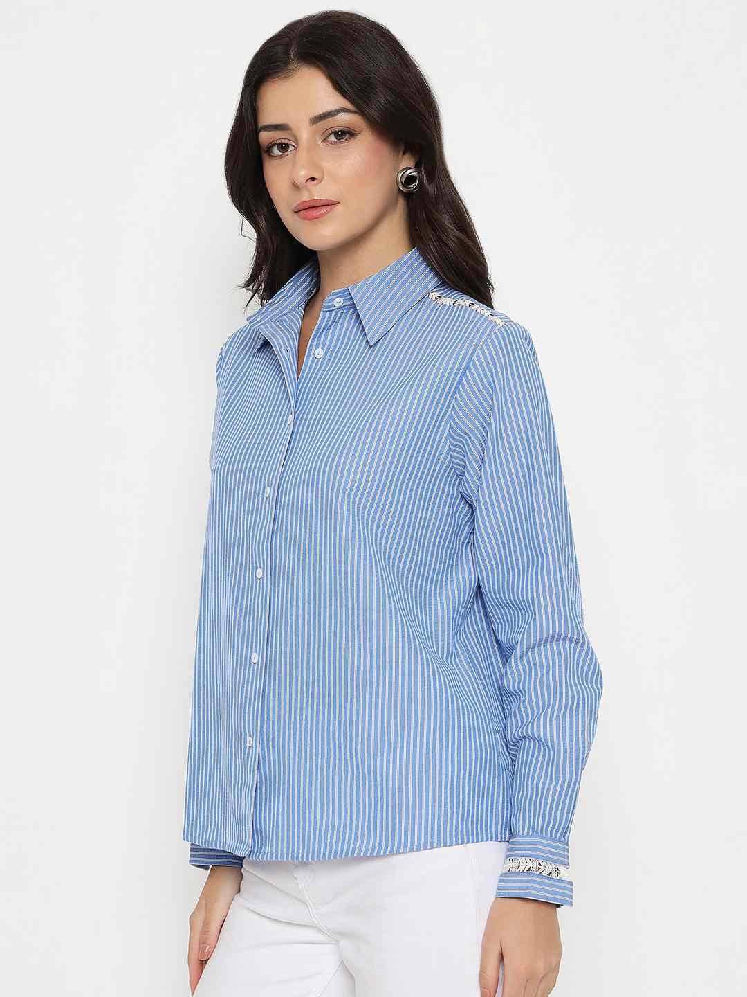 Madame Textured Embroidered Accents Blue Shirt - Image 5