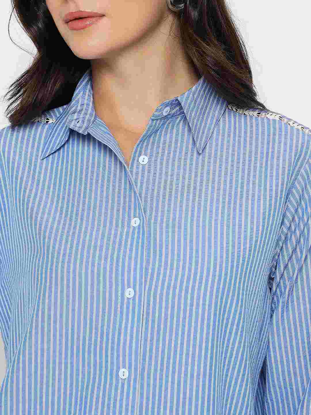 Madame Textured Embroidered Accents Blue Shirt - Image 7