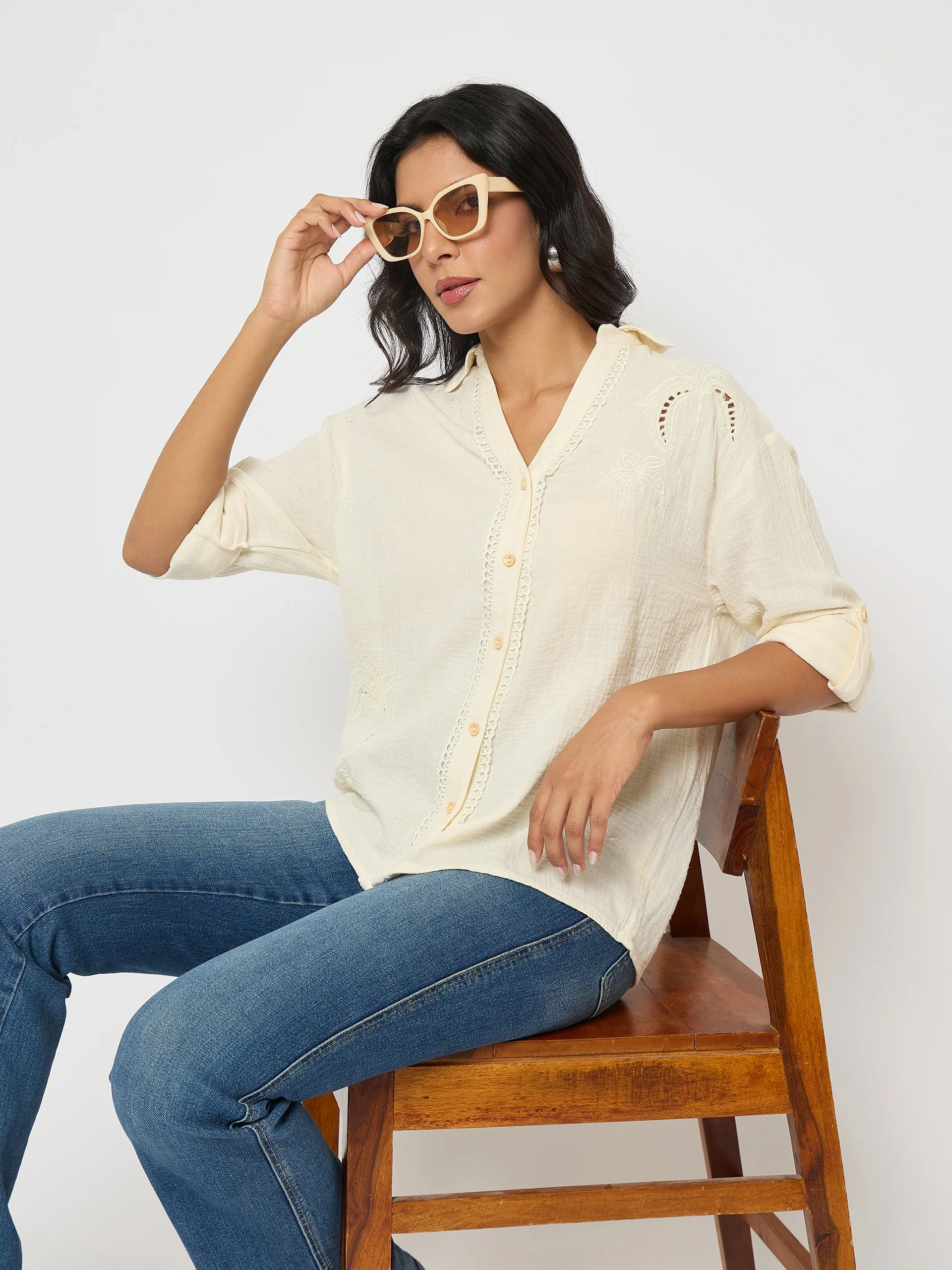 Madame Solid Off- White Cotton Shirt