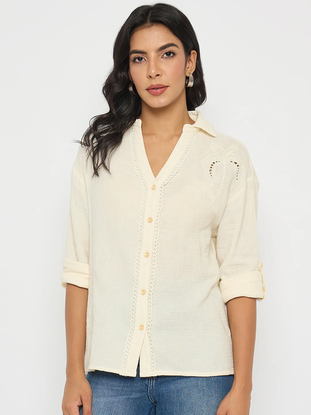 Madame Solid Off- White Cotton Shirt - Image 3
