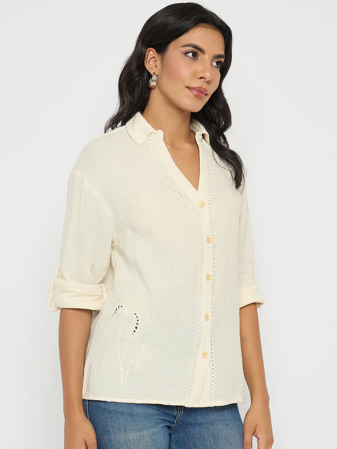 Madame Solid Off- White Cotton Shirt - Image 4
