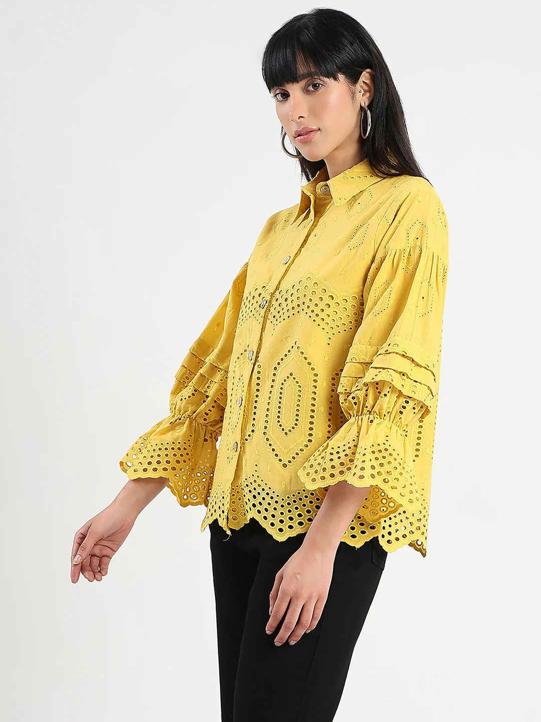 Madame Schiffli Mustard Yellow Cotton Shirt - Image 2