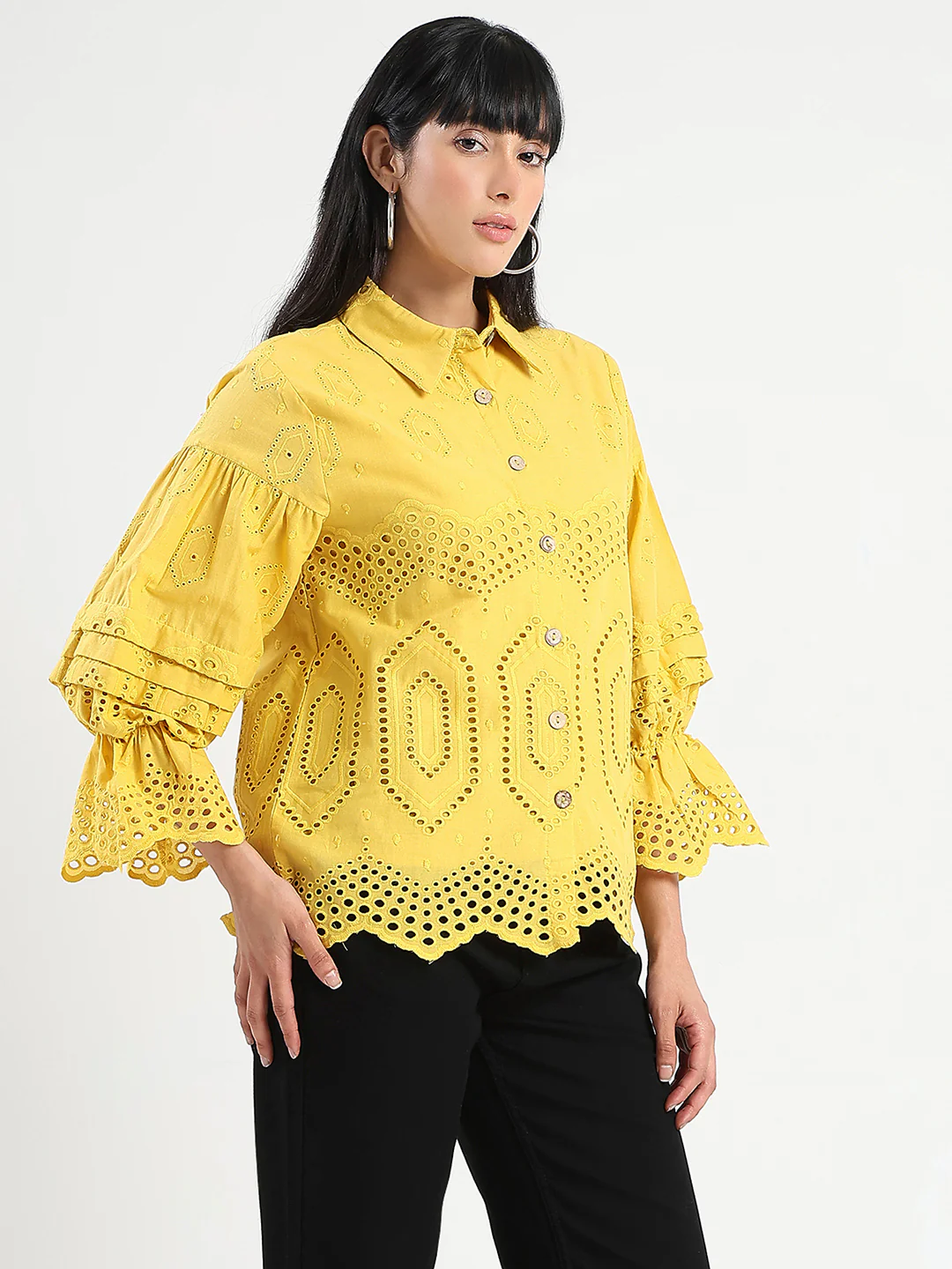 Madame Schiffli Mustard Yellow Cotton Shirt - Image 3