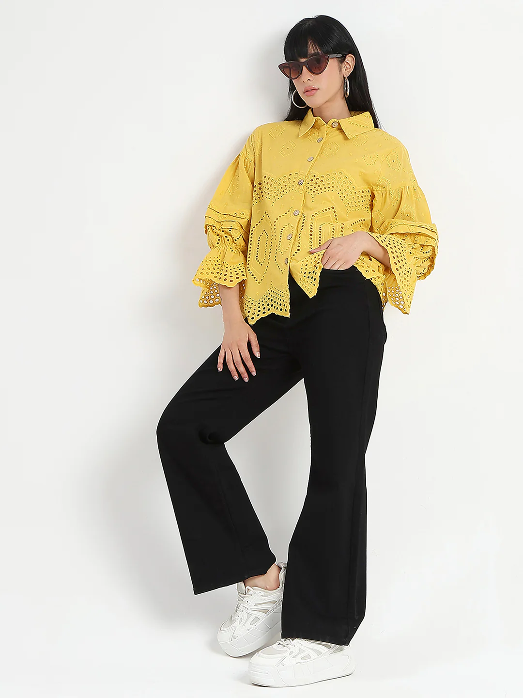 Madame Schiffli Mustard Yellow Cotton Shirt - Image 5