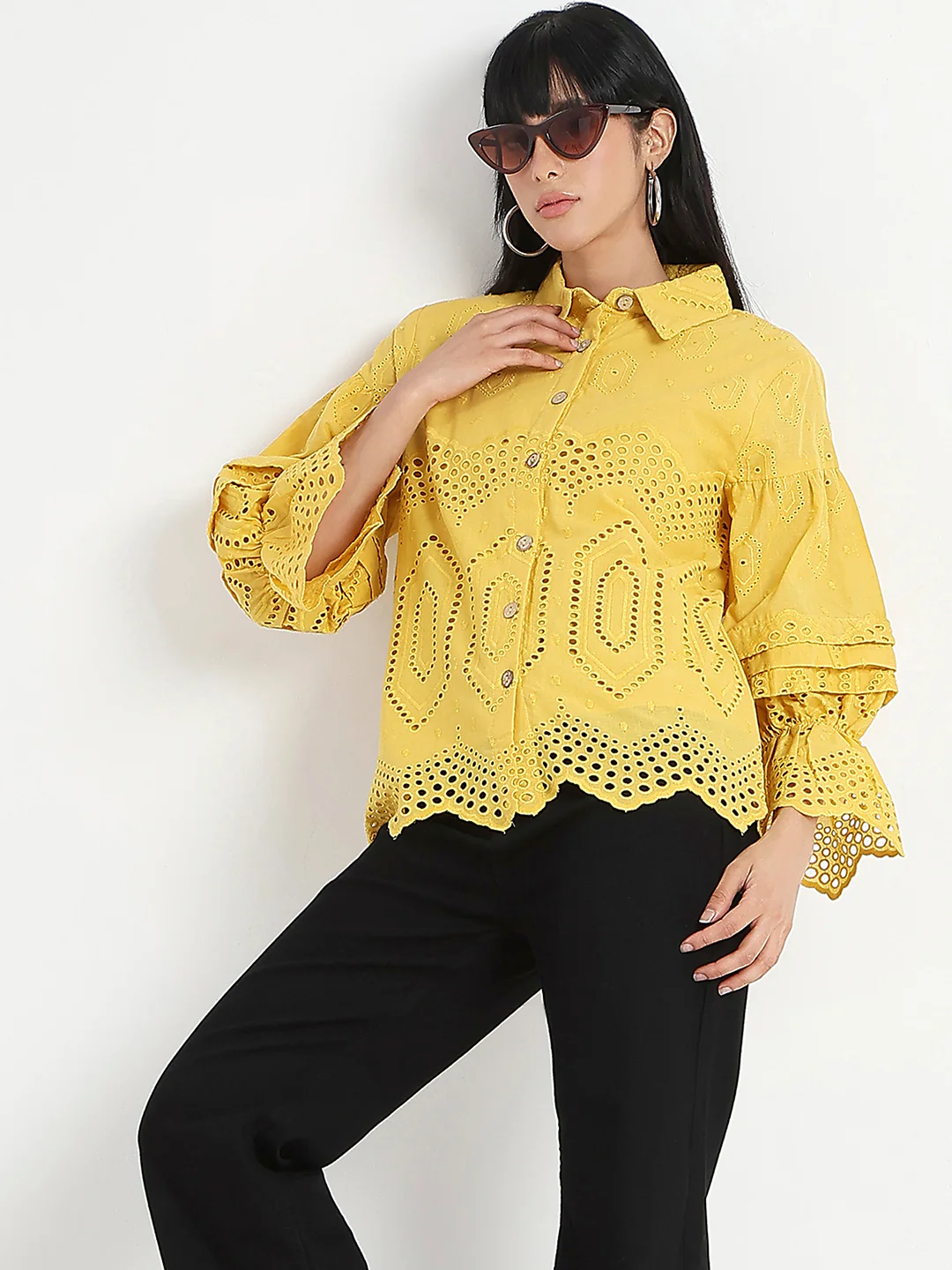 Madame Schiffli Mustard Yellow Cotton Shirt - Image 6