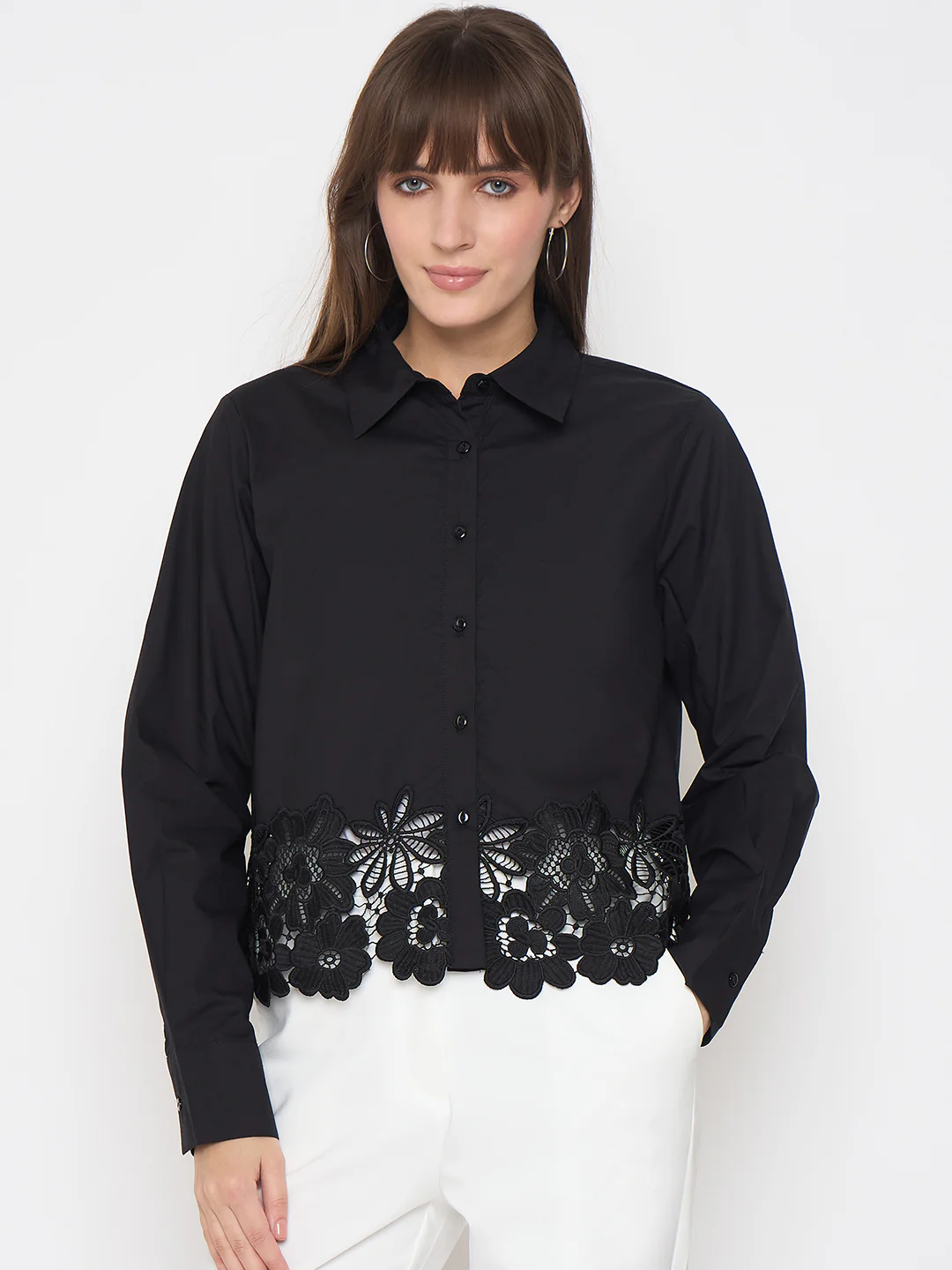 Madame Floral Lace Scalloped Hem Black Shirt - Image 3