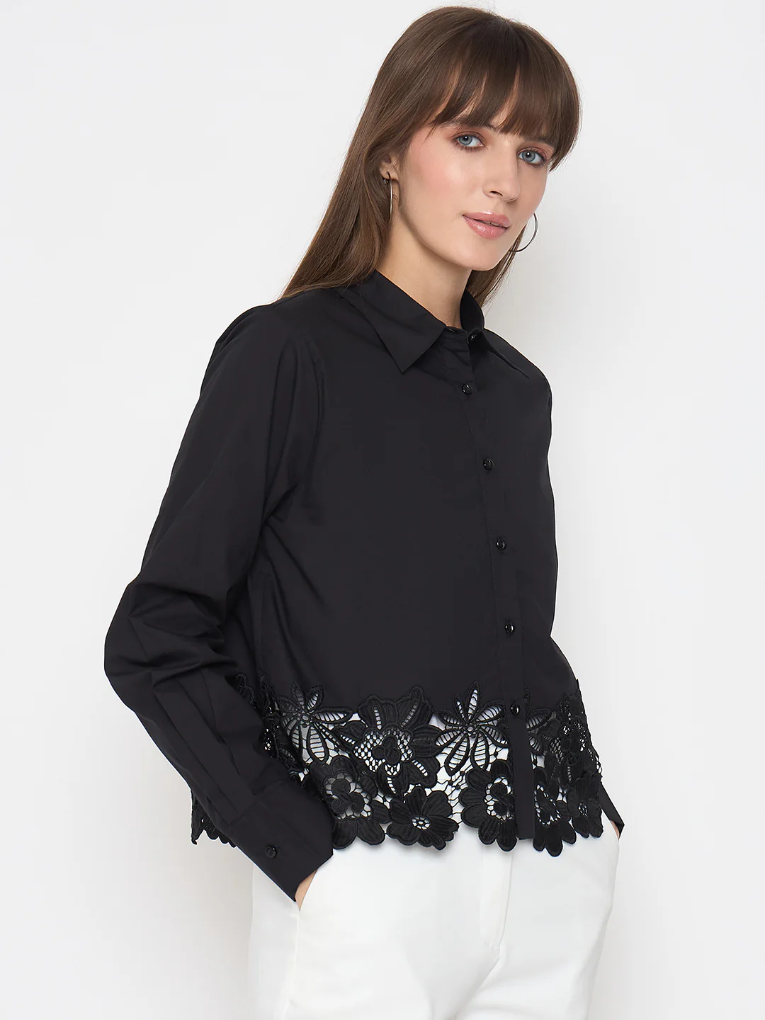 Madame Floral Lace Scalloped Hem Black Shirt - Image 4