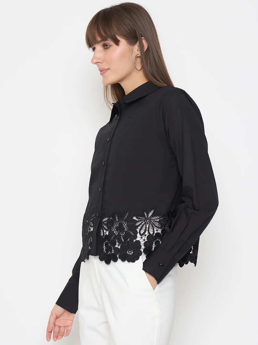 Madame Floral Lace Scalloped Hem Black Shirt - Image 5