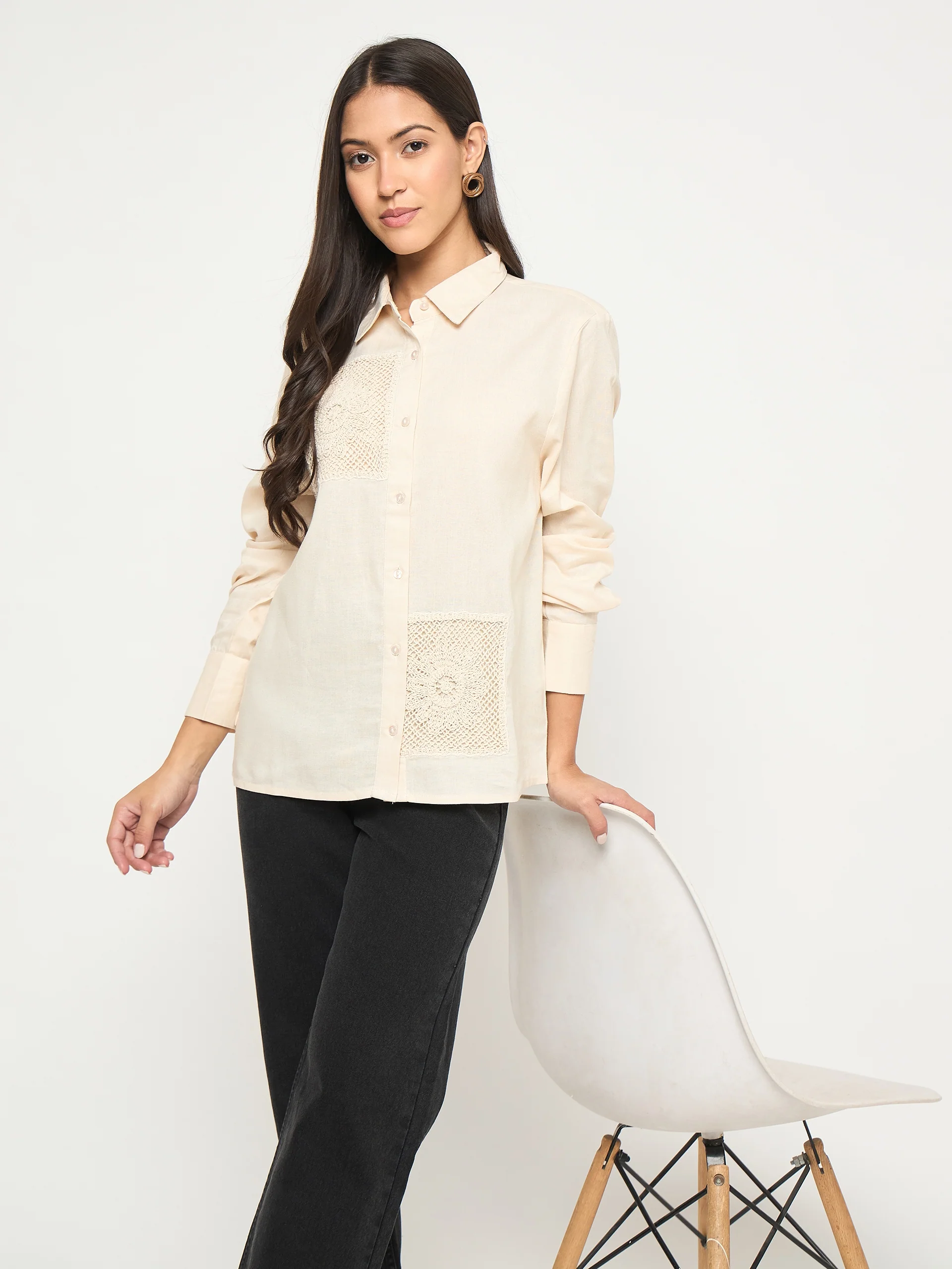 Madame Patchwork and Lace Detailed Beige Cotton Shirt