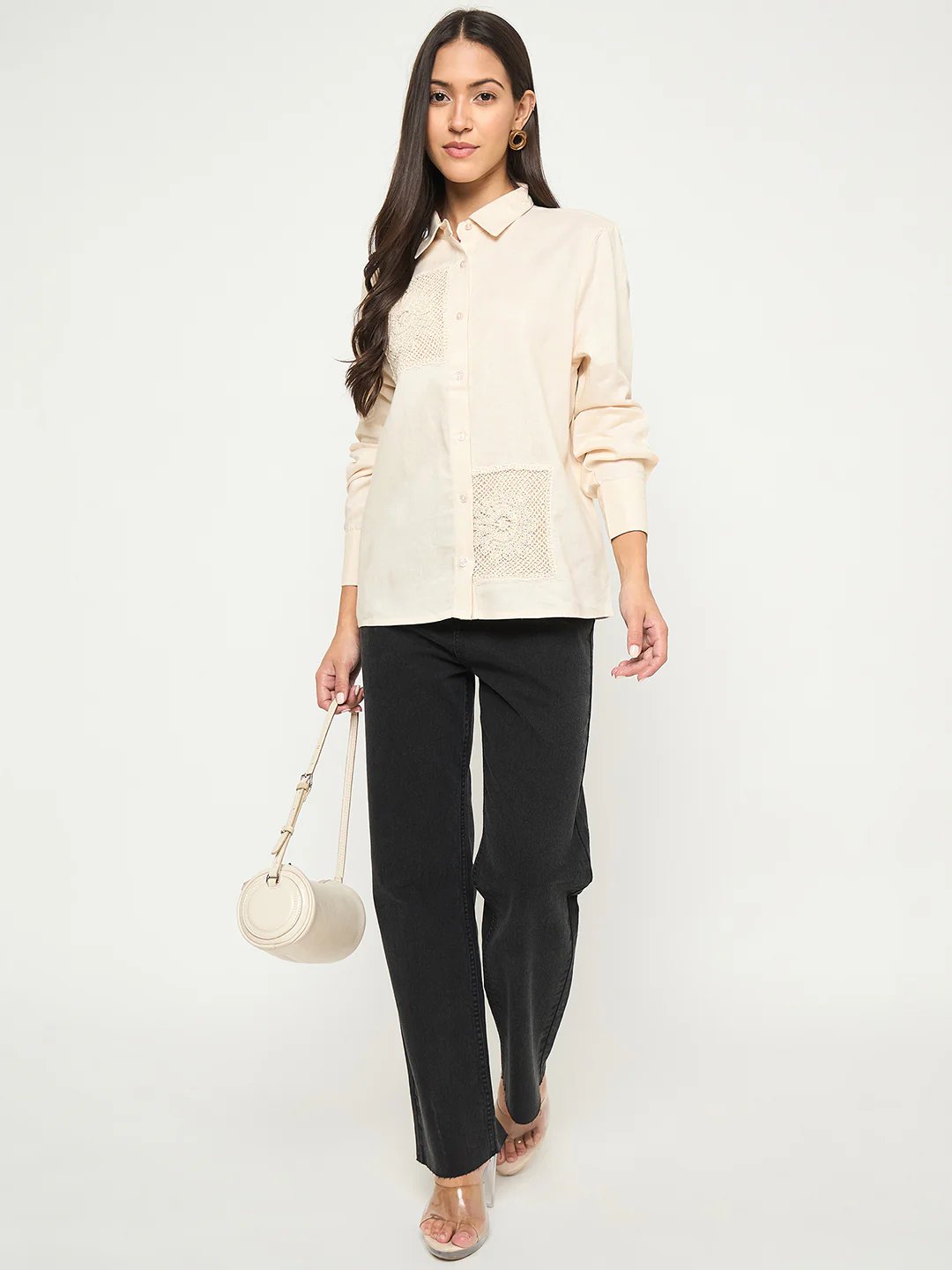 Madame Patchwork and Lace Detailed Beige Cotton Shirt - Image 2