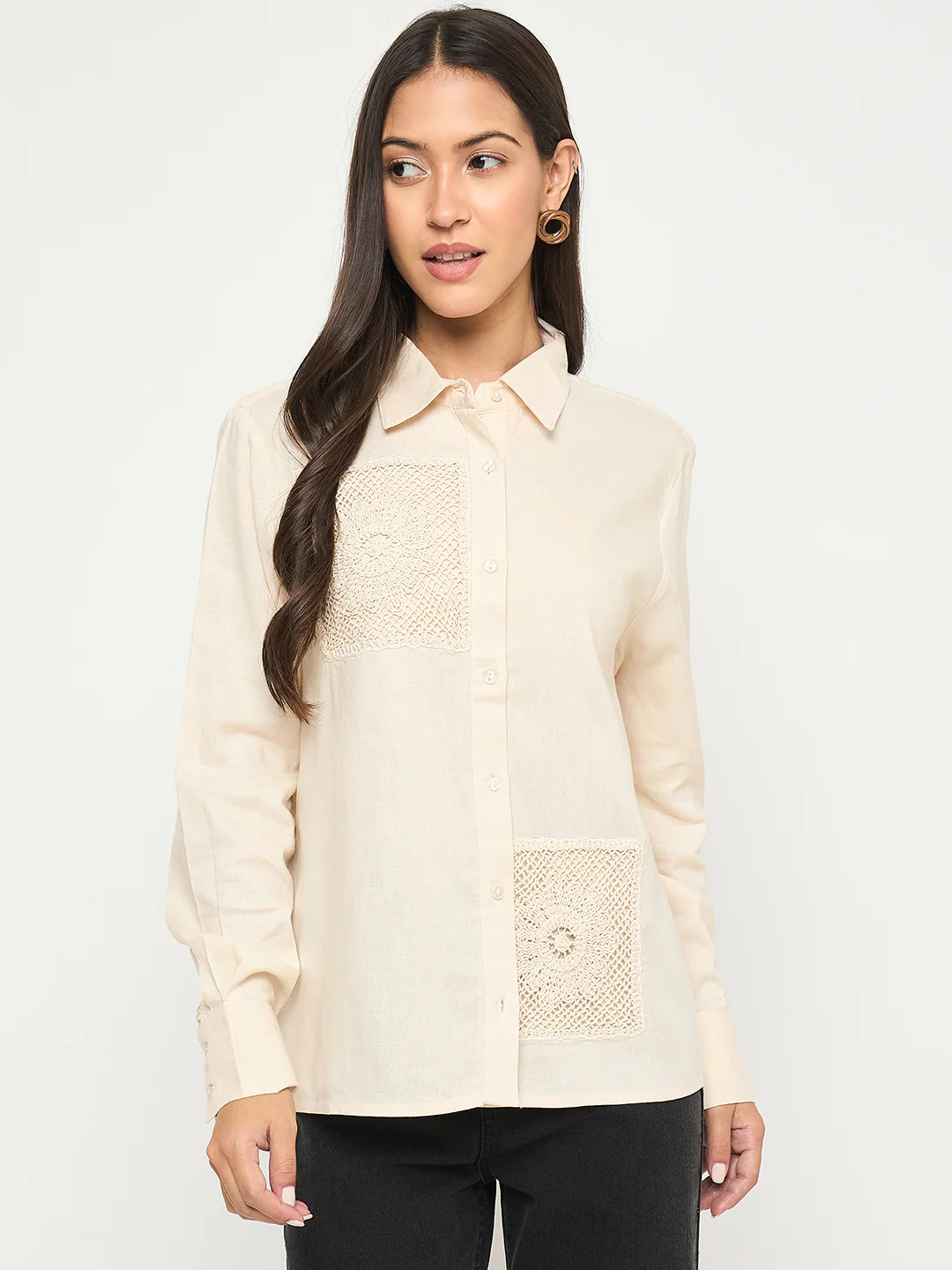 Madame Patchwork and Lace Detailed Beige Cotton Shirt - Image 3