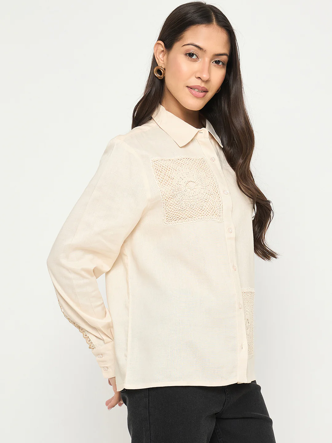 Madame Patchwork and Lace Detailed Beige Cotton Shirt - Image 4