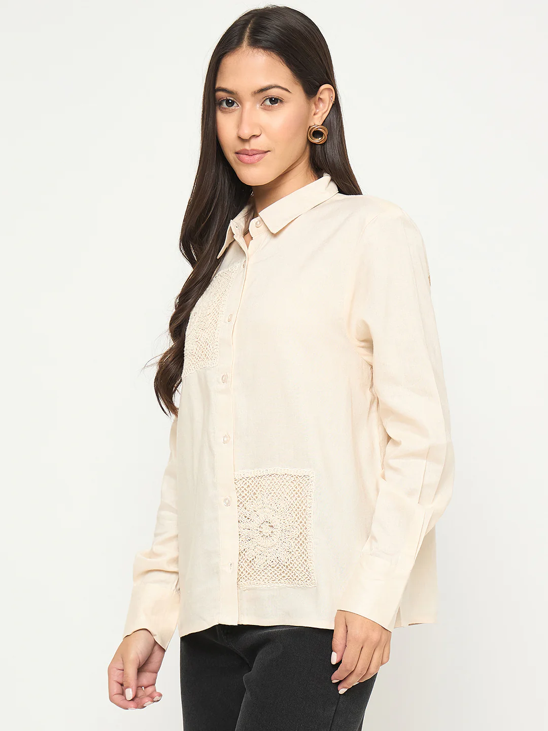 Madame Patchwork and Lace Detailed Beige Cotton Shirt - Image 5