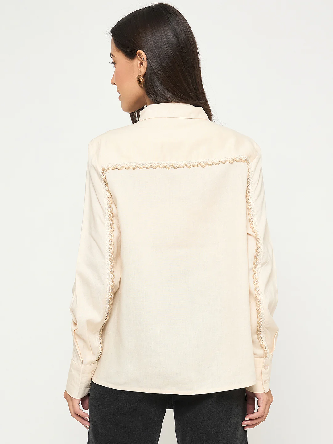 Madame Patchwork and Lace Detailed Beige Cotton Shirt - Image 6