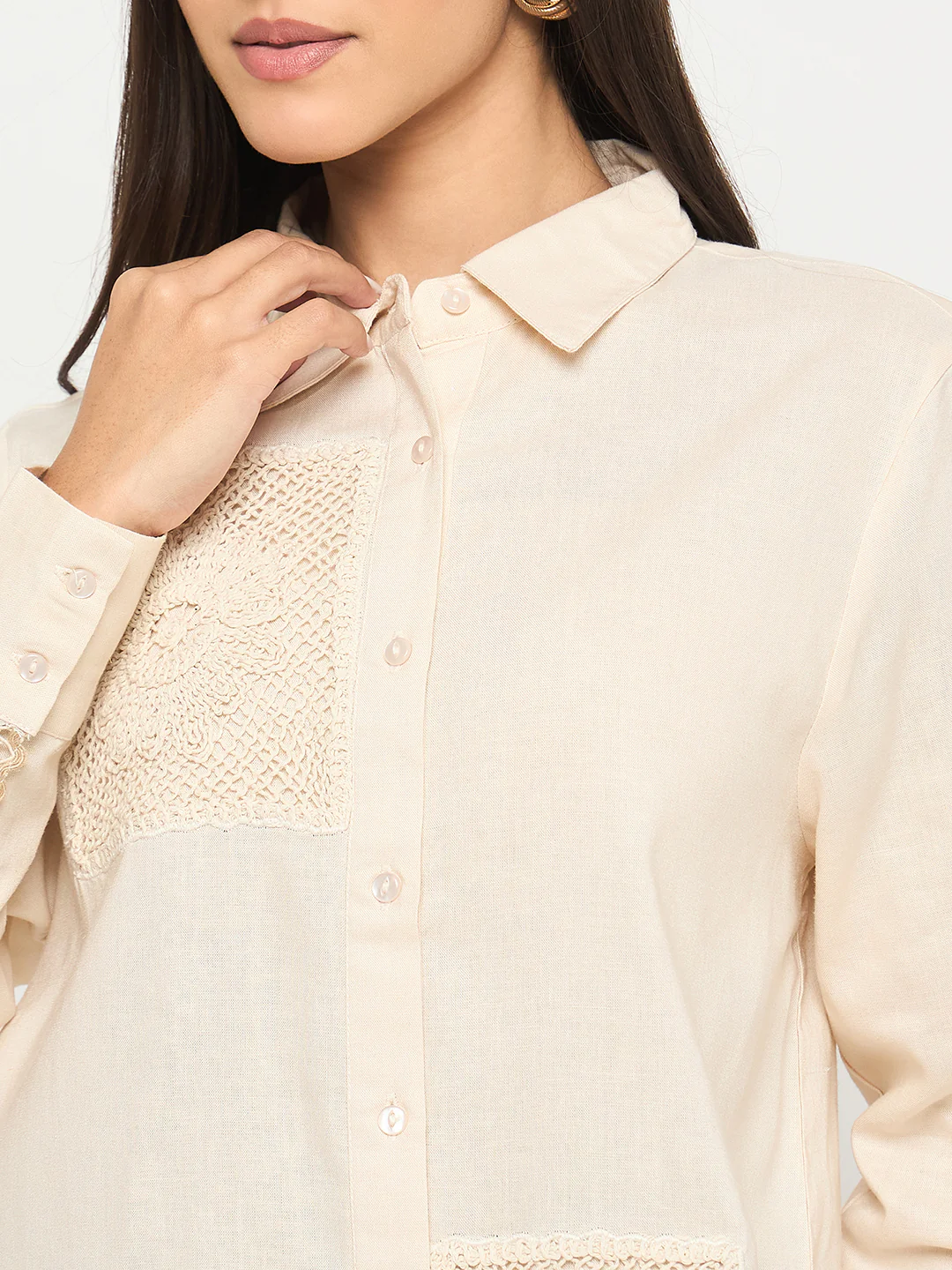 Madame Patchwork and Lace Detailed Beige Cotton Shirt - Image 7
