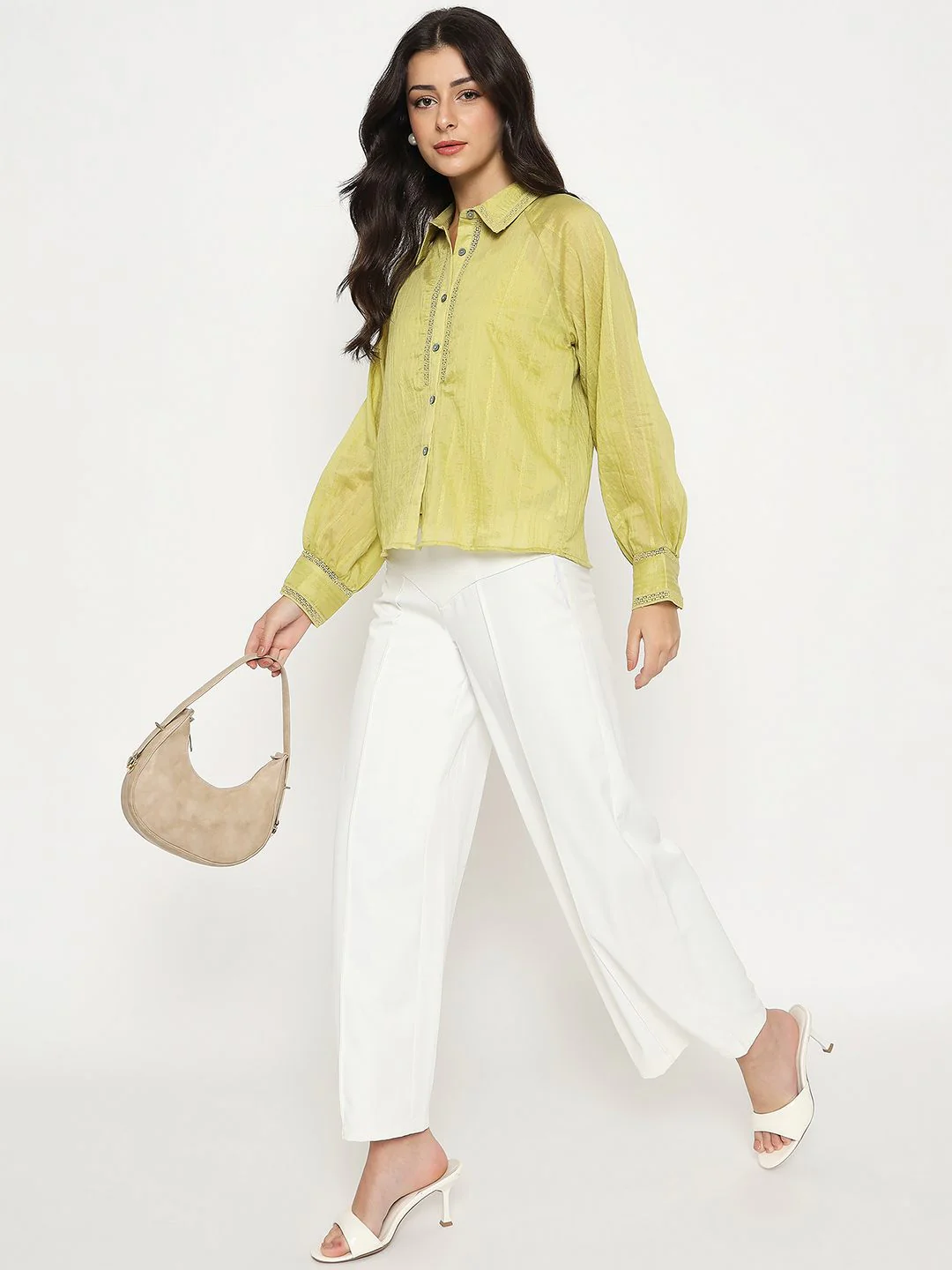 Madame Textured Nylon Blend Cyber Lime Full Sleeve Shirt - Image 2