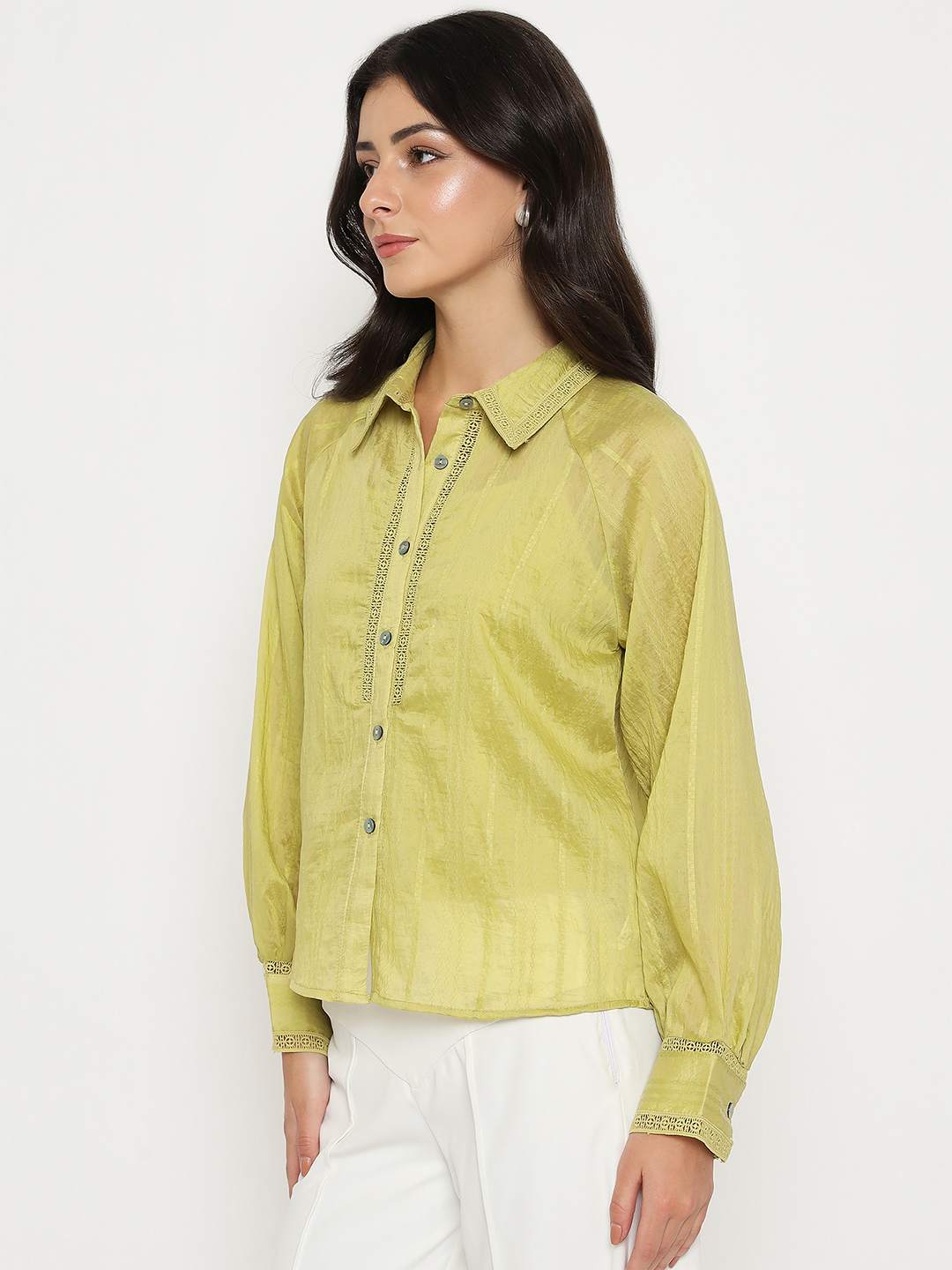Madame Textured Nylon Blend Cyber Lime Full Sleeve Shirt - Image 5
