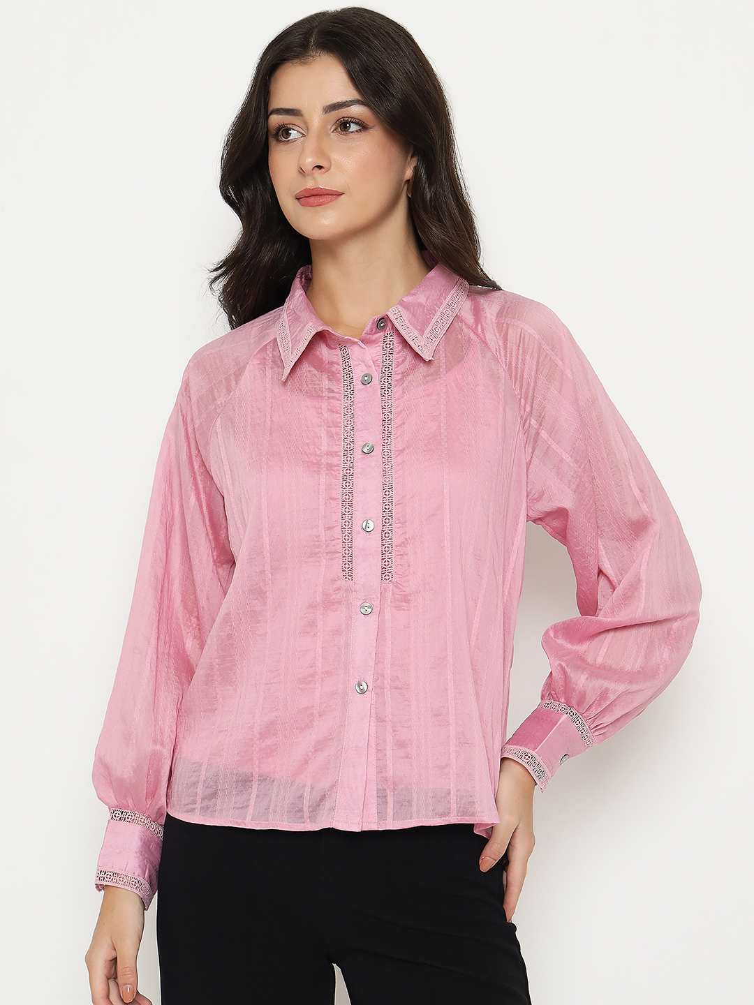 Madame Textured Nylon Blend Pink Full Sleeve Shirt - Image 3