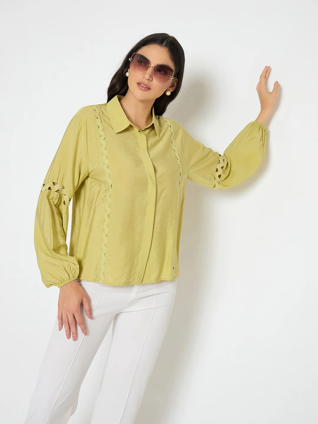 Madame Puff Sleeve Pear Green Rayon Blend Shirt