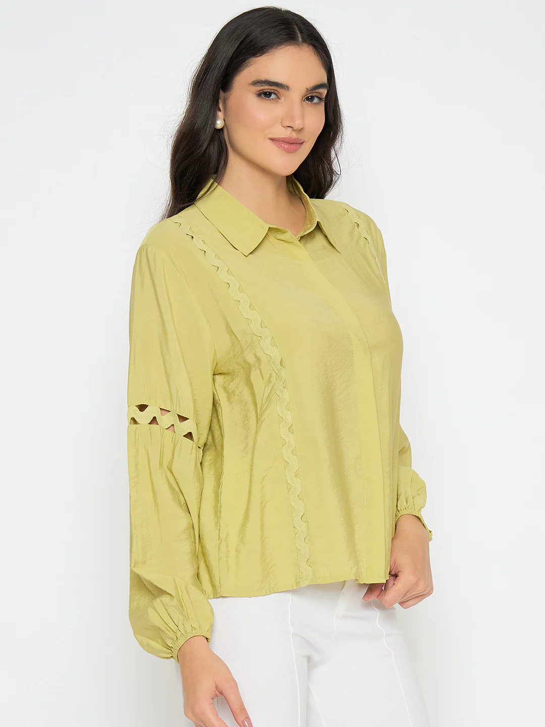 Madame Puff Sleeve Pear Green Rayon Blend Shirt - Image 4