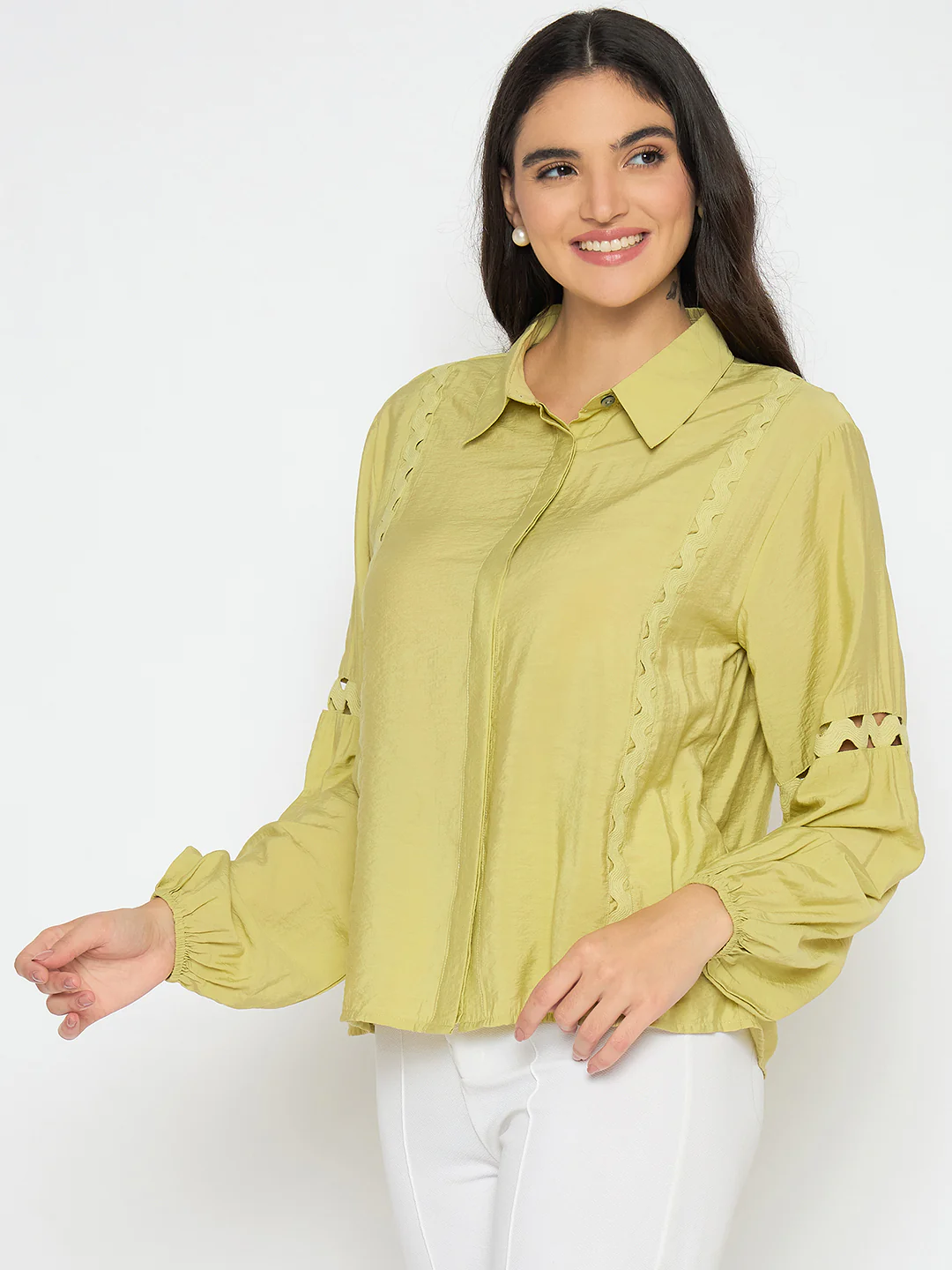 Madame Puff Sleeve Pear Green Rayon Blend Shirt - Image 5