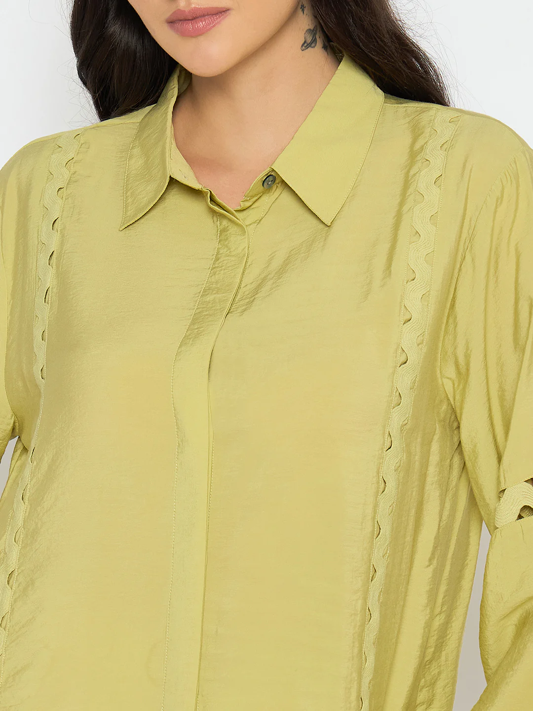 Madame Puff Sleeve Pear Green Rayon Blend Shirt - Image 7