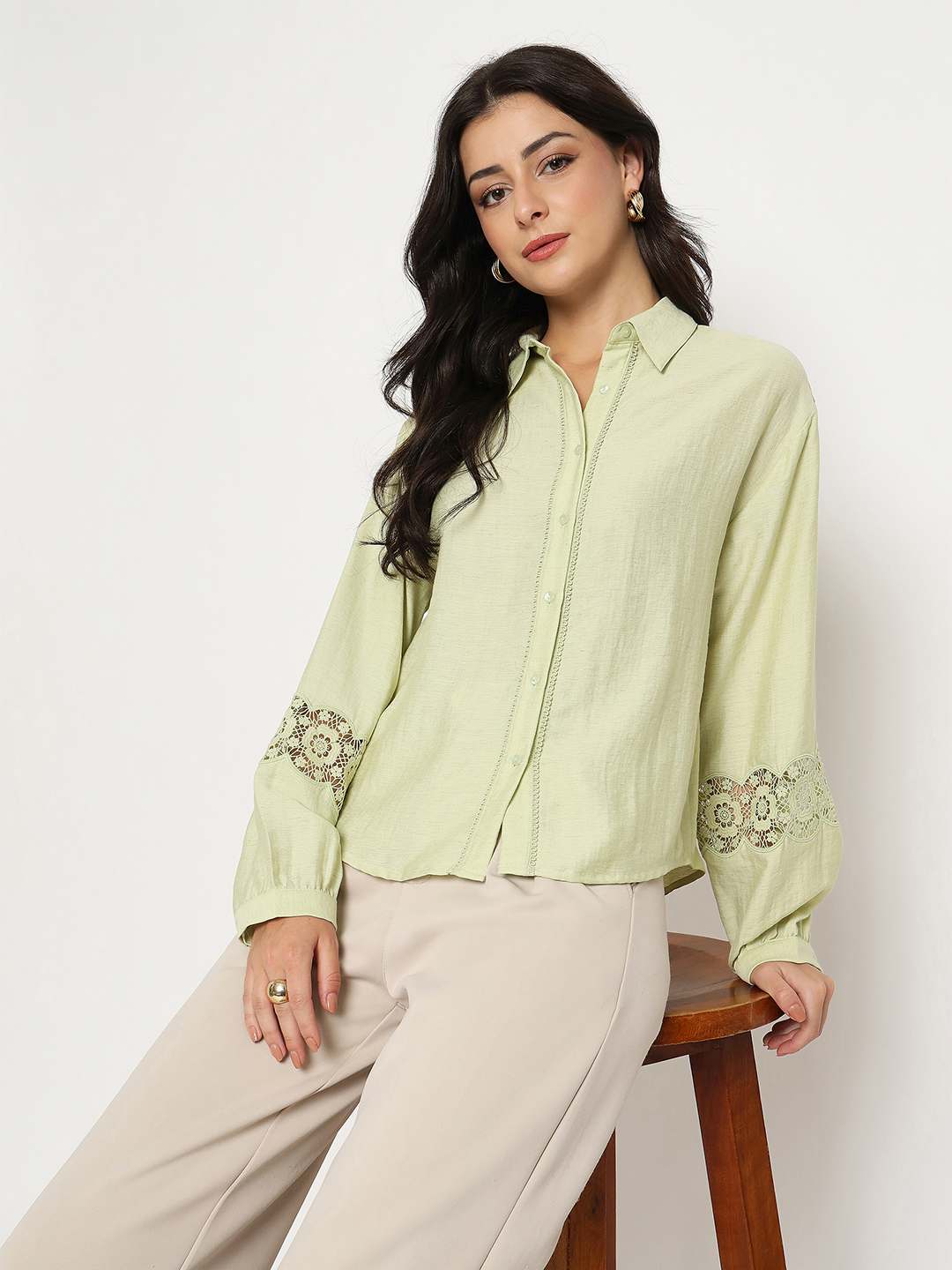 Madame Floral Lace Insertion Green Rayon Blend Shirt