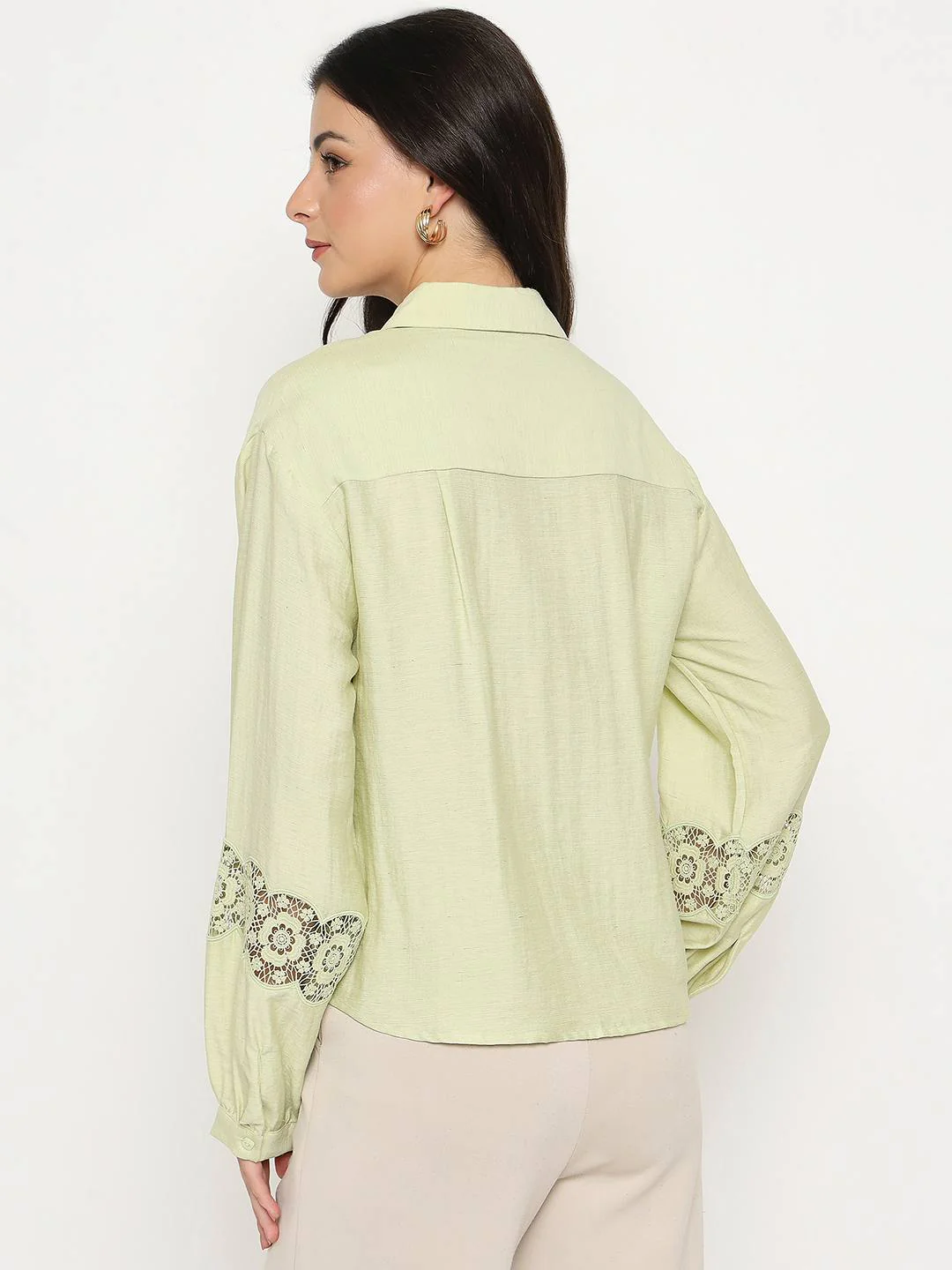 Madame Floral Lace Insertion Green Rayon Blend Shirt - Image 6