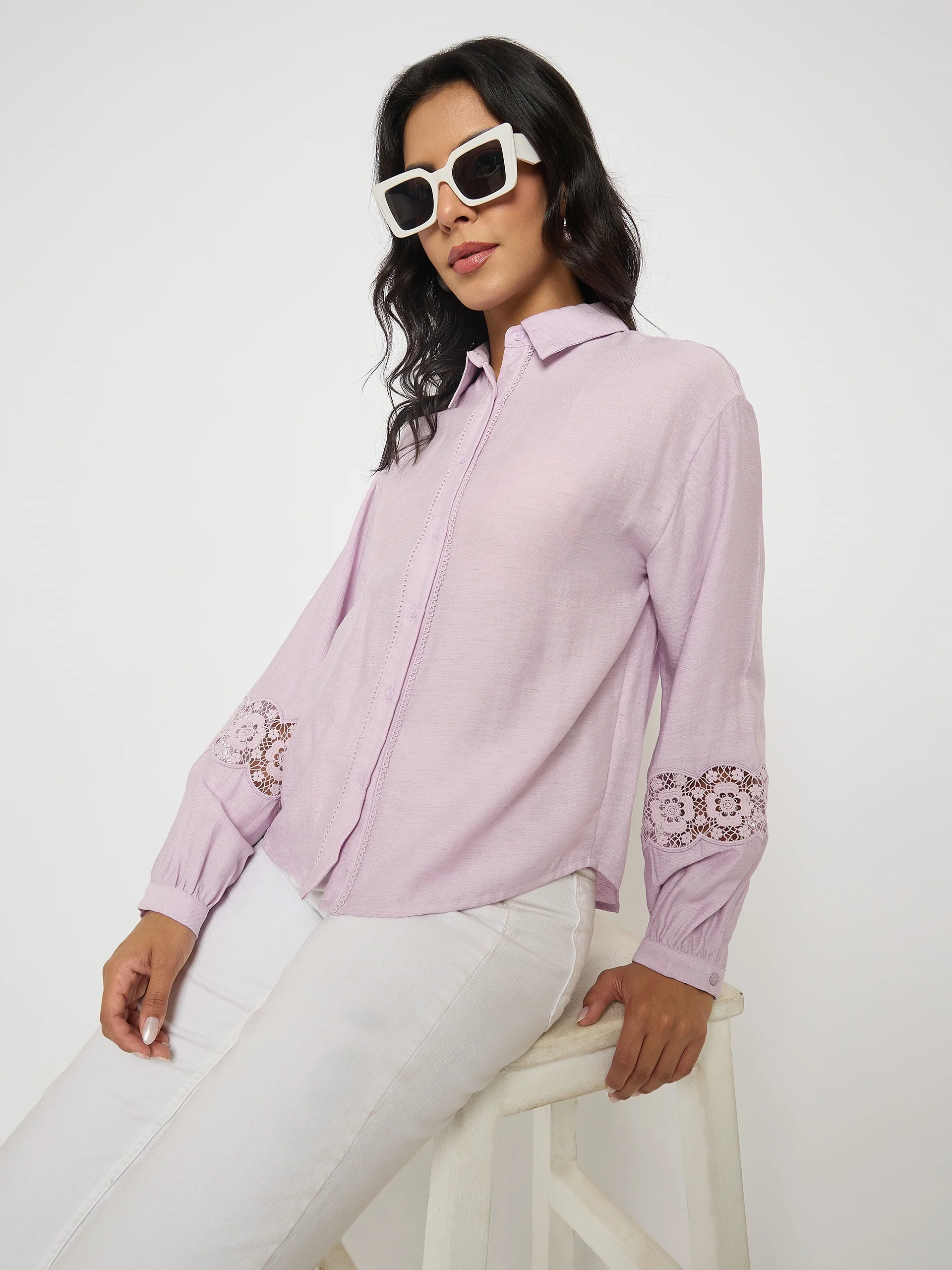 Madame Lace Detailed Lilac Nylon Blend Shirt