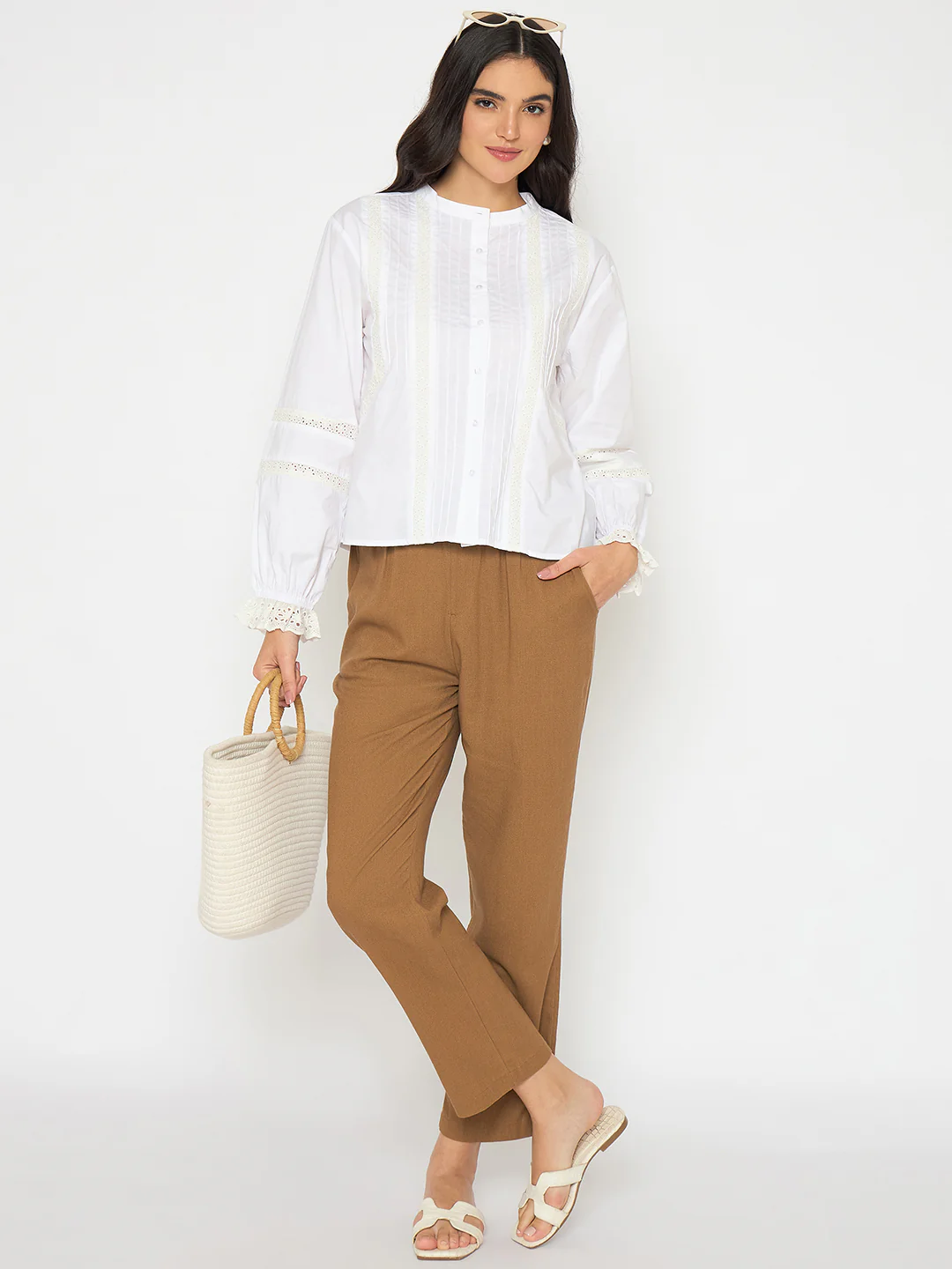 Madame Solid White Puff Sleeve Cotton Shirt - Image 2