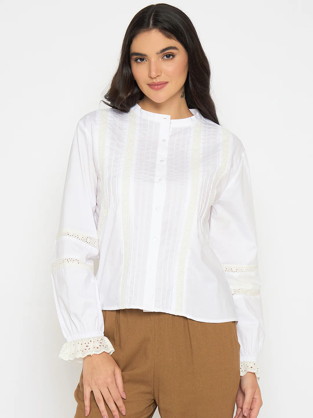 Madame Solid White Puff Sleeve Cotton Shirt - Image 3