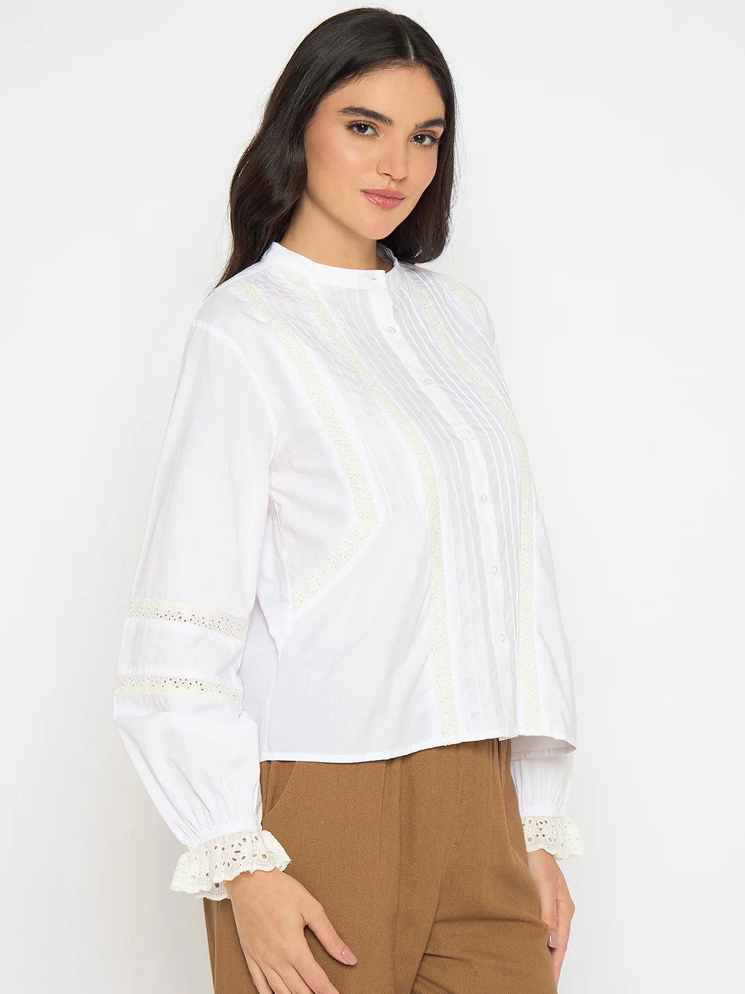 Madame Solid White Puff Sleeve Cotton Shirt - Image 4