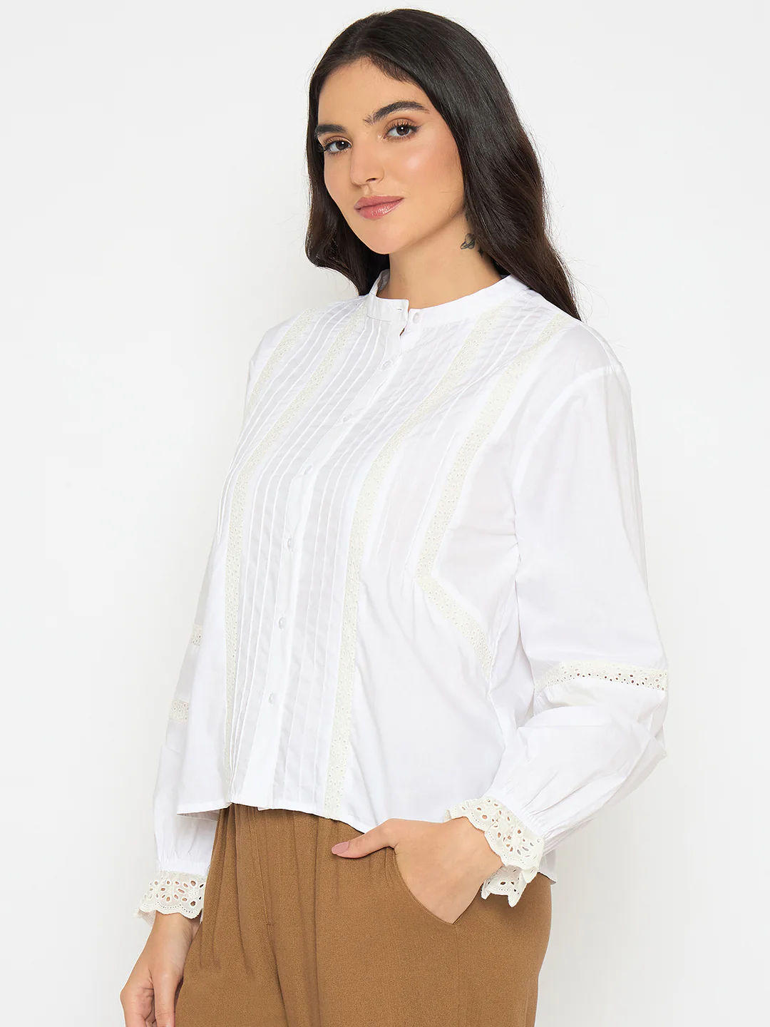 Madame Solid White Puff Sleeve Cotton Shirt - Image 5