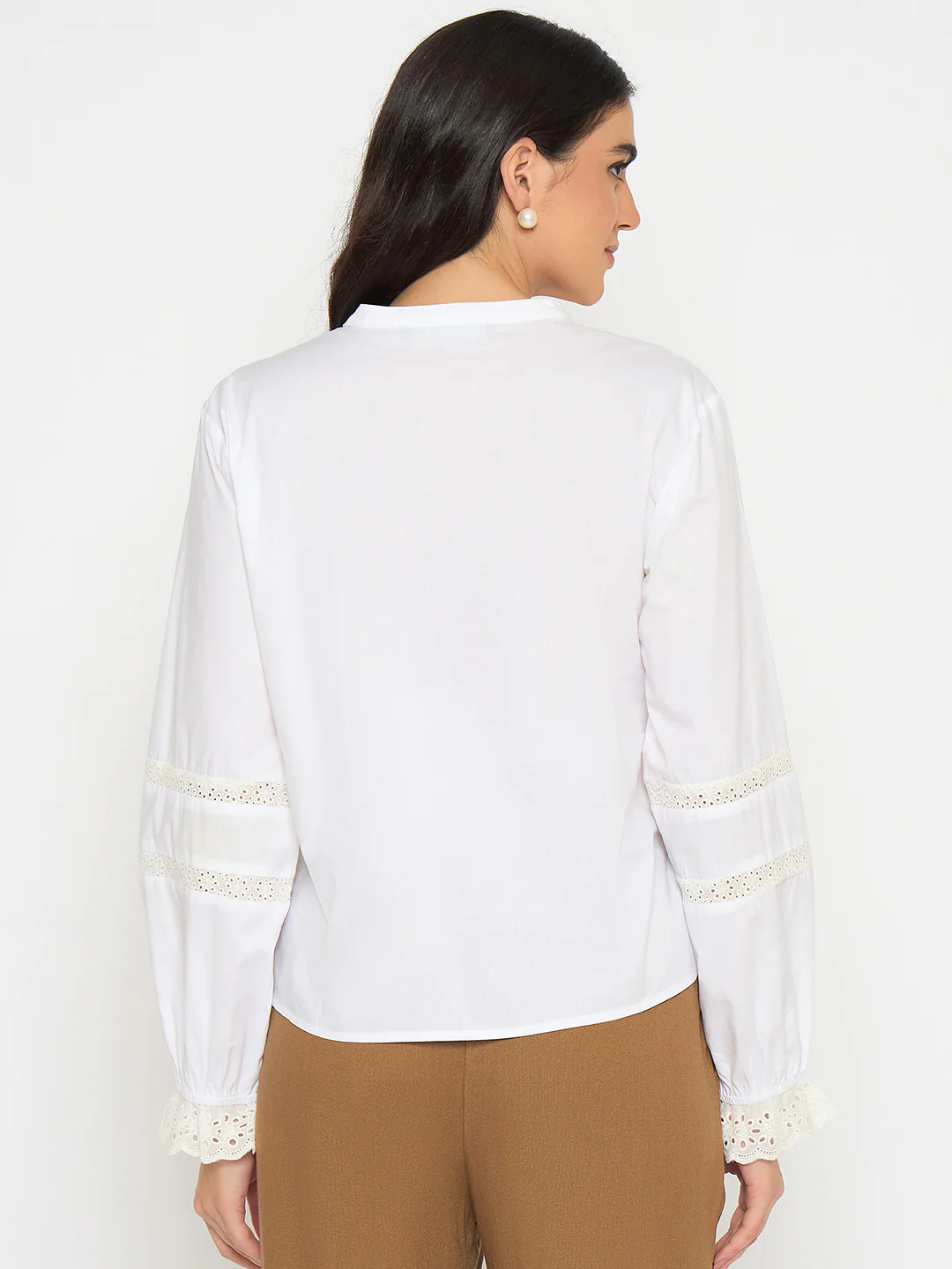 Madame Solid White Puff Sleeve Cotton Shirt - Image 6
