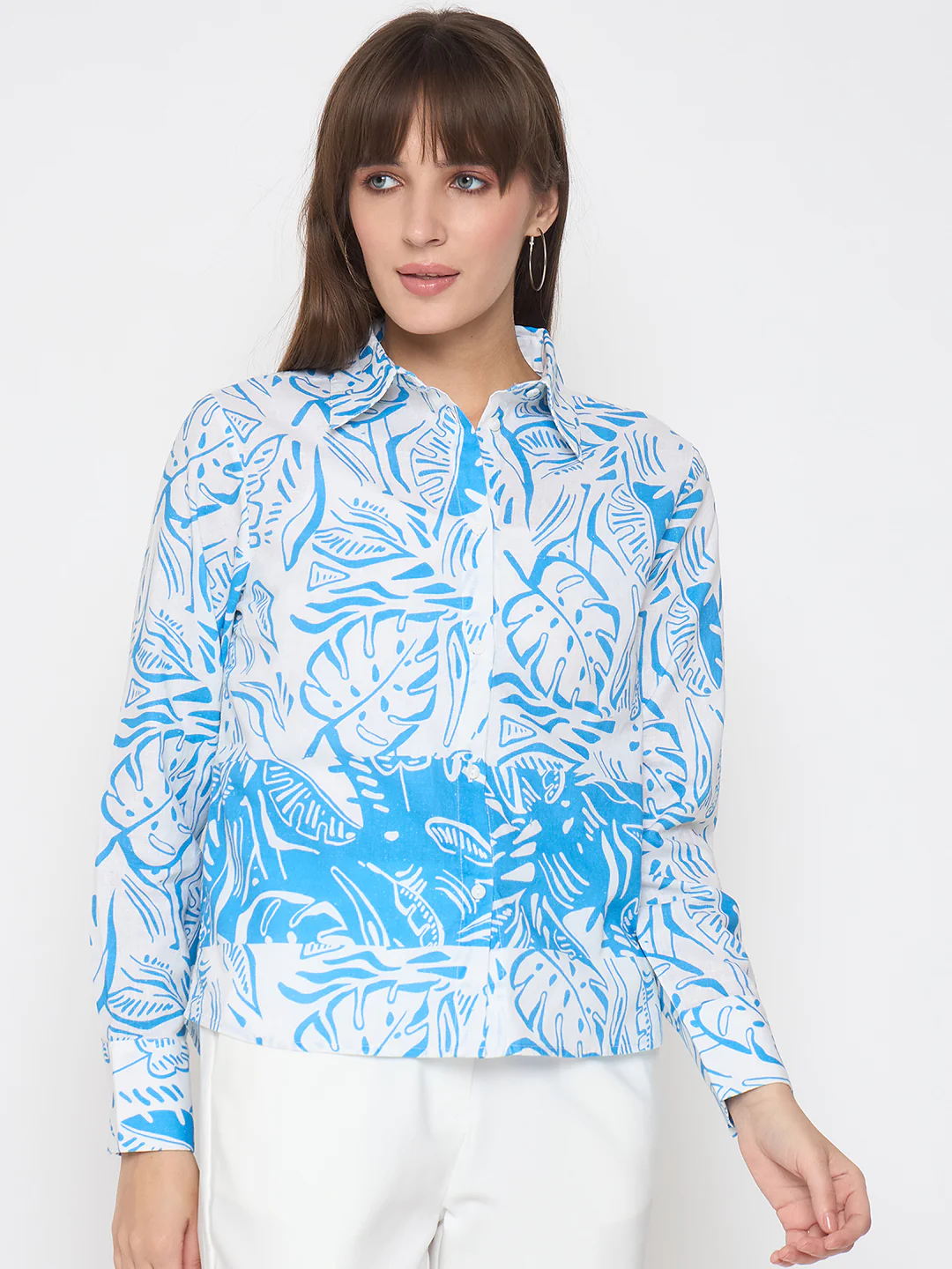 Madame Botanical Print Button Up Front Aqua Blue Shirt - Image 3