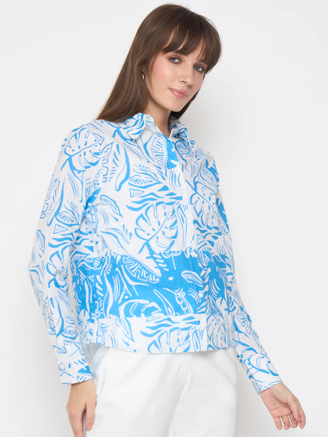 Madame Botanical Print Button Up Front Aqua Blue Shirt - Image 4