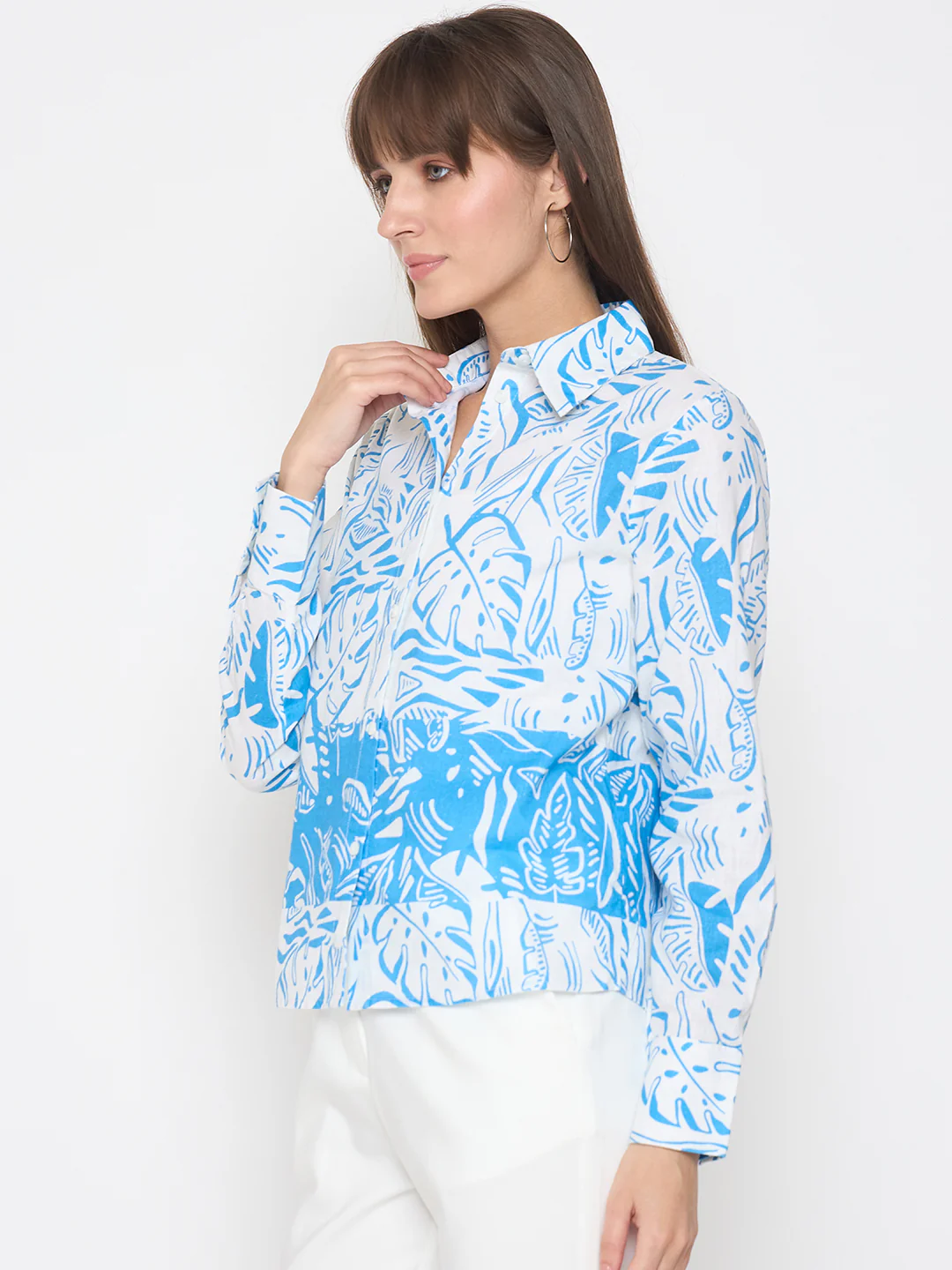 Madame Botanical Print Button Up Front Aqua Blue Shirt - Image 5
