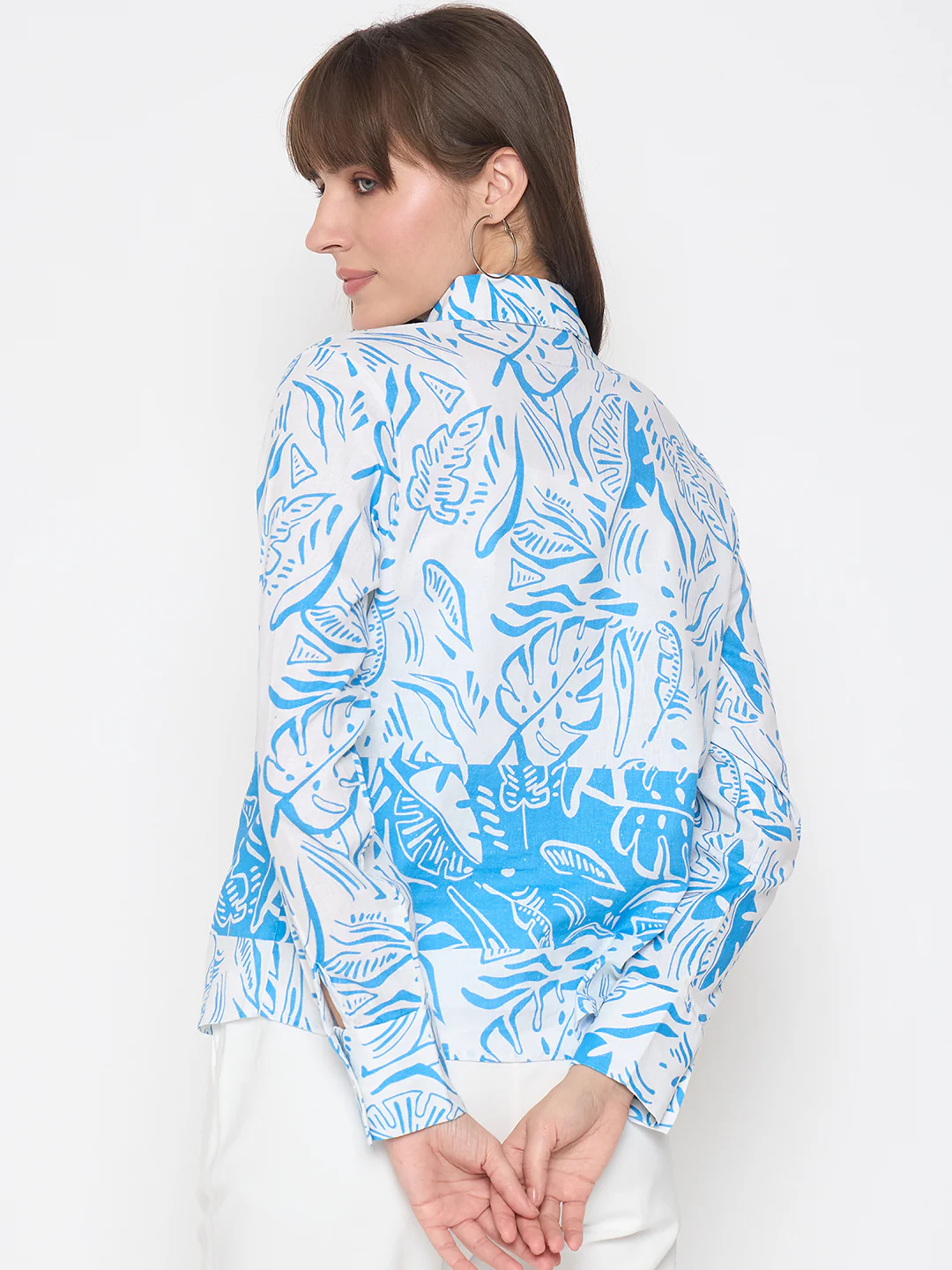 Madame Botanical Print Button Up Front Aqua Blue Shirt - Image 6